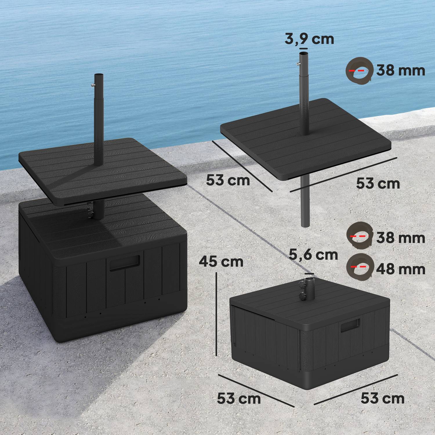 3-i-1 parasollställ 80 kg, fyllbart och plantbart, svart