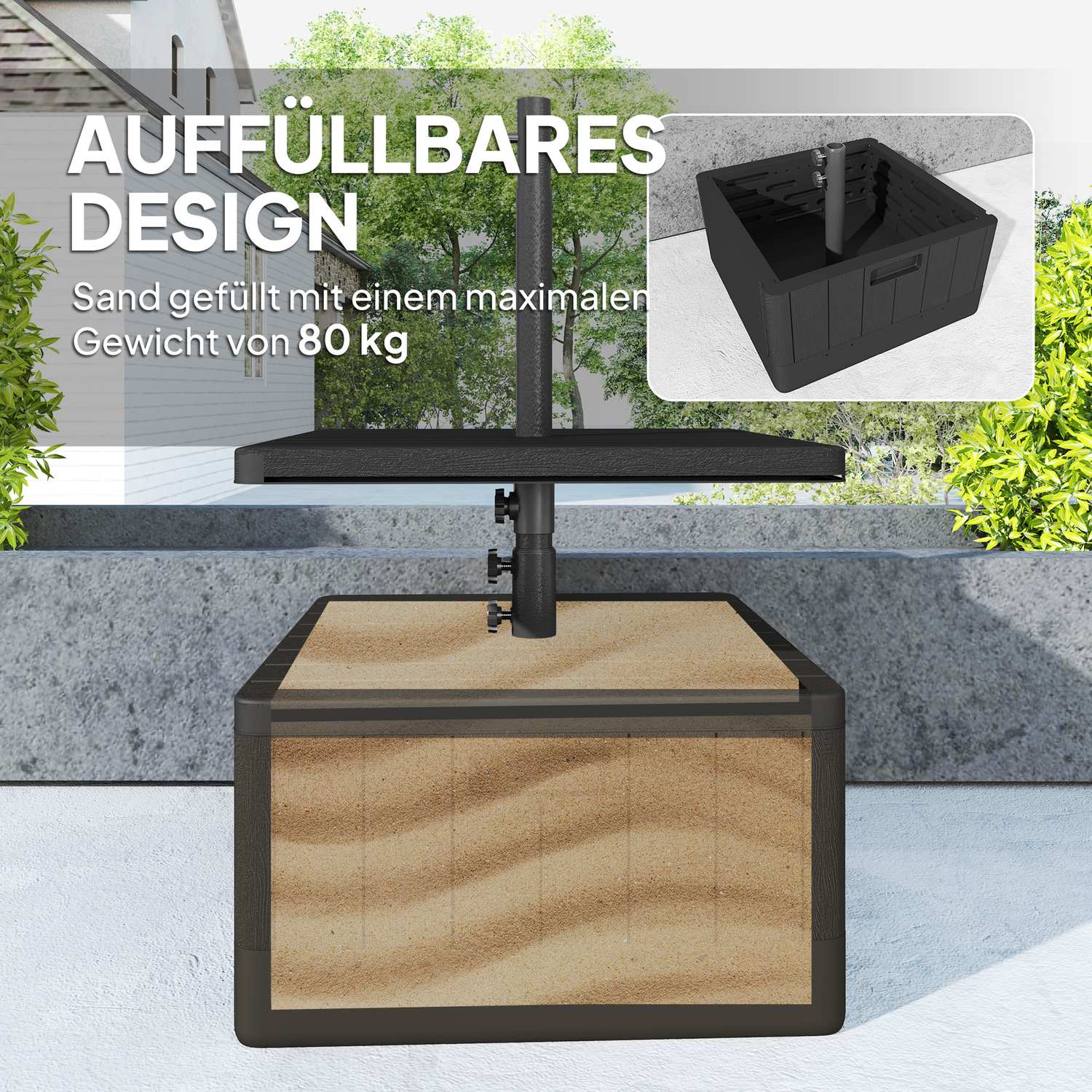 3-i-1 parasollställ 80 kg, fyllbart och plantbart, svart