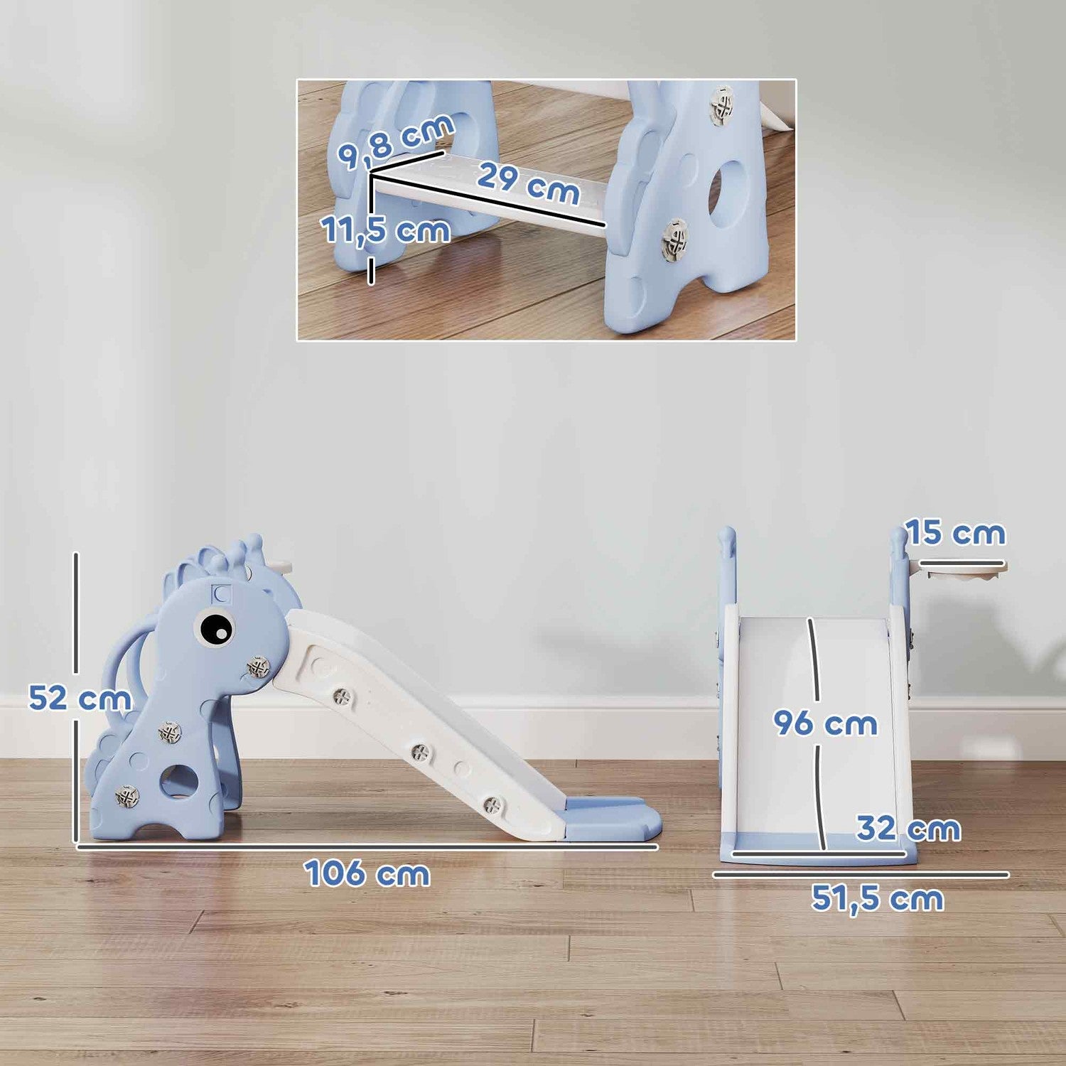 3-i-1 rutschkana för småbarn med basketbåge, inomhusblå