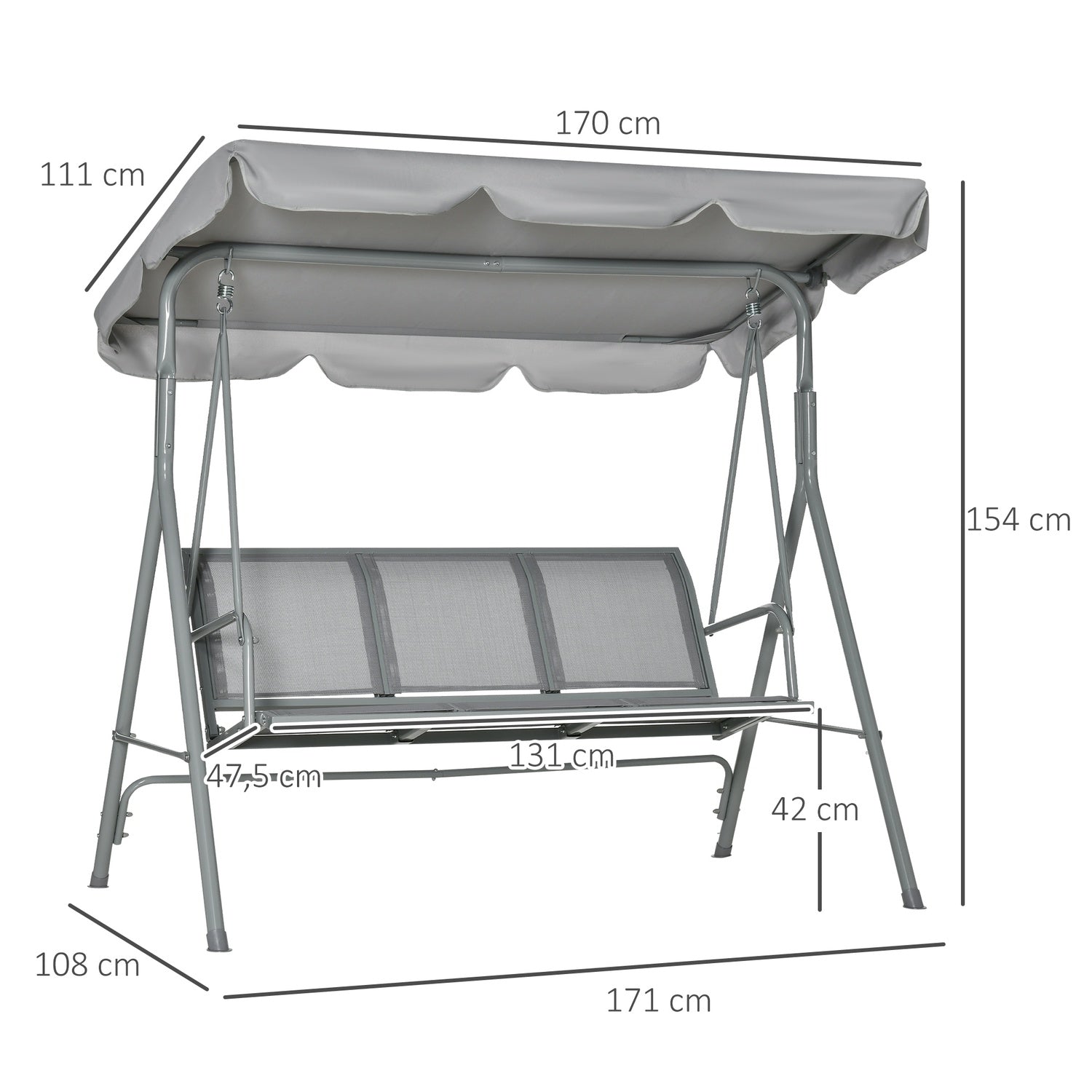 3-sits grå trädgårdssvingbänk med tak – metall 170x110x153cm