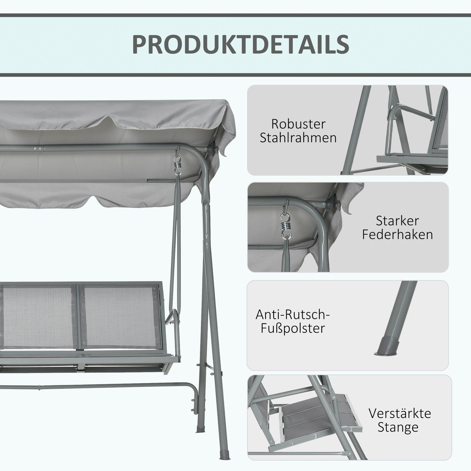 3-sits grå trädgårdssvingbänk med tak – metall 170x110x153cm