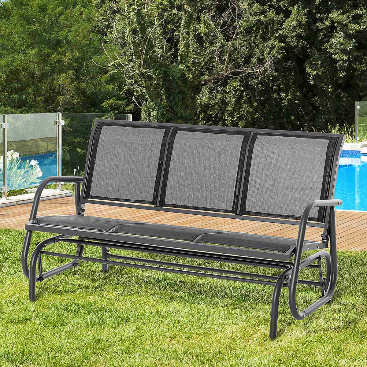 3-sits metall trädgårdssvingbänk, väderbeständig, svart