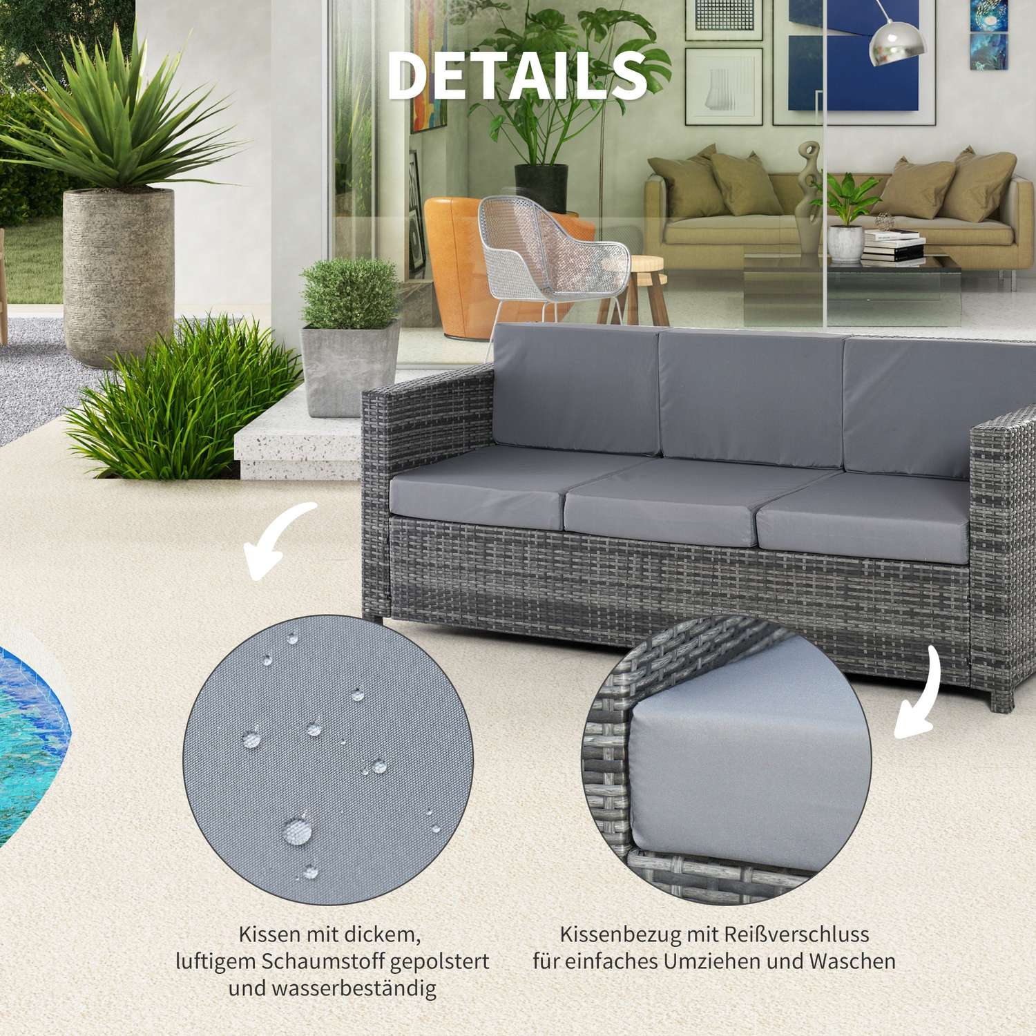 3-sits polyrotting trädgårdssoffa med kuddar – Grå