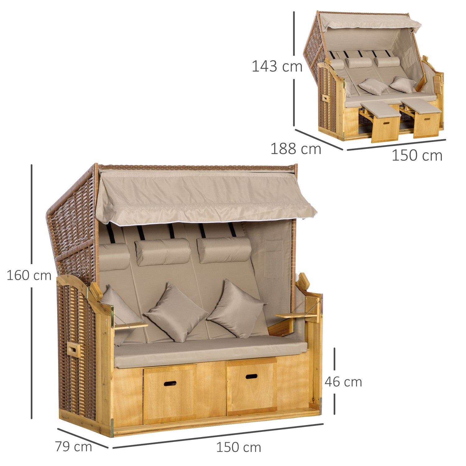 3-sits solstol med kapell, Polyrattan XXL, för trädgård