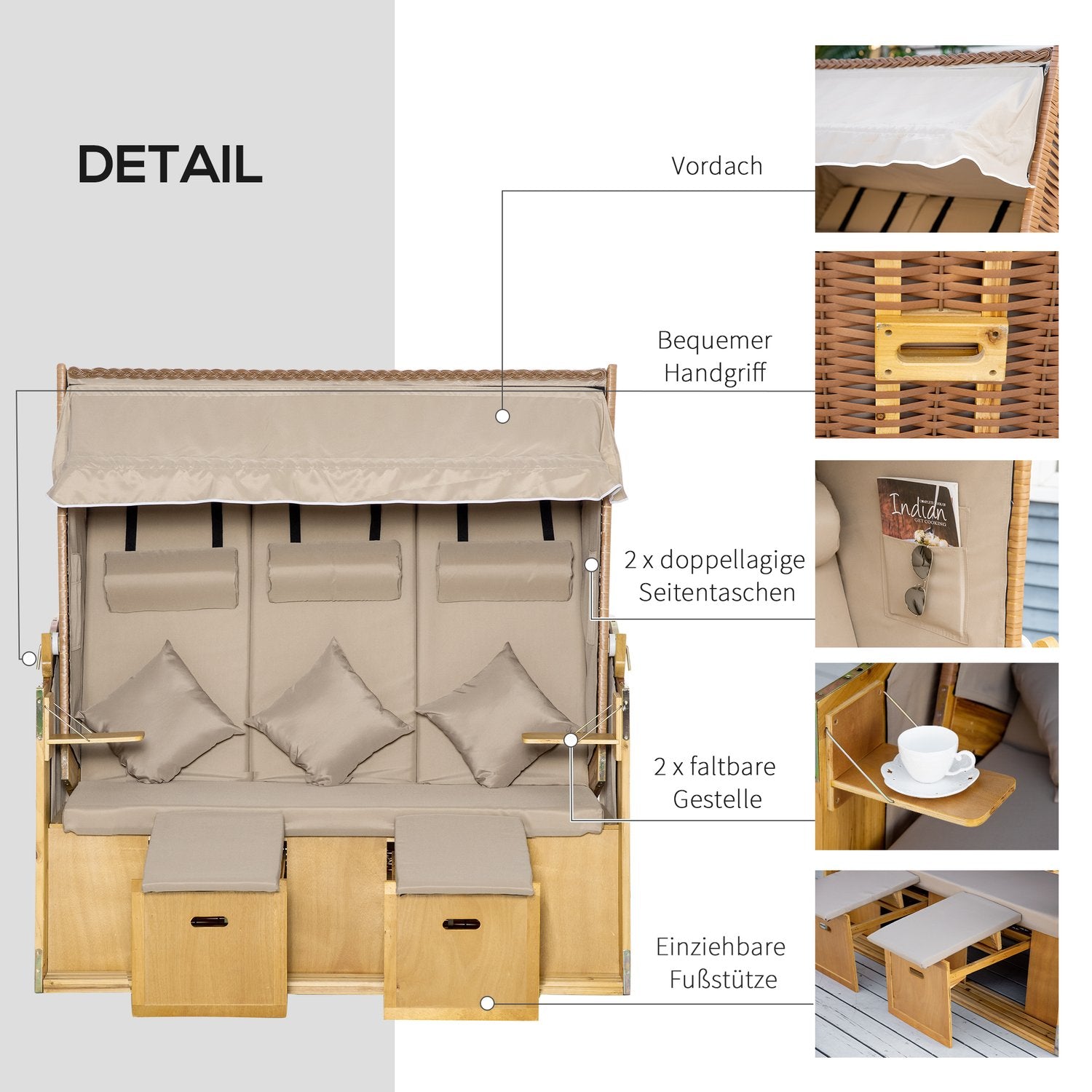 3-sits solstol med kapell, Polyrattan XXL, för trädgård