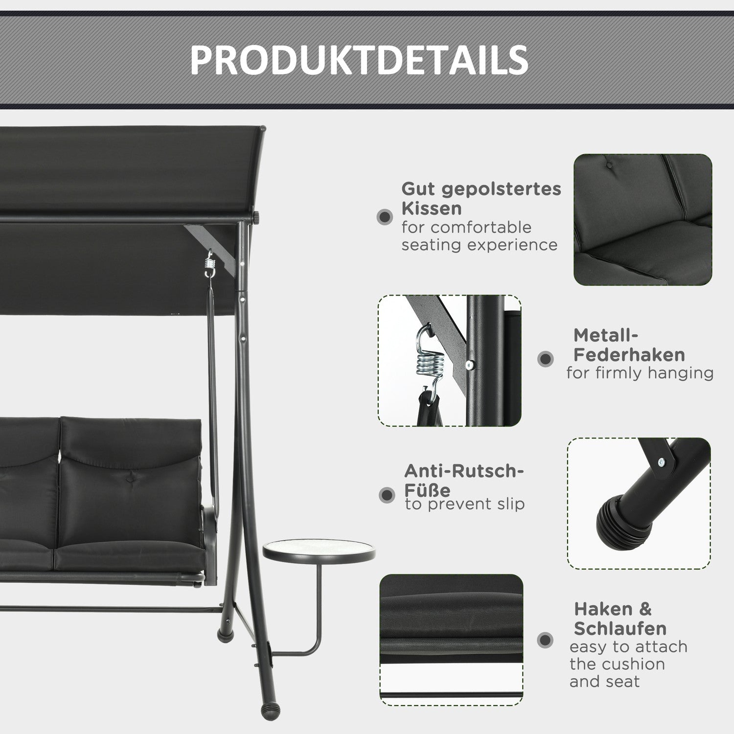 3-sits trädgårdsgunga med kapell – Stöder upp till 300 kg