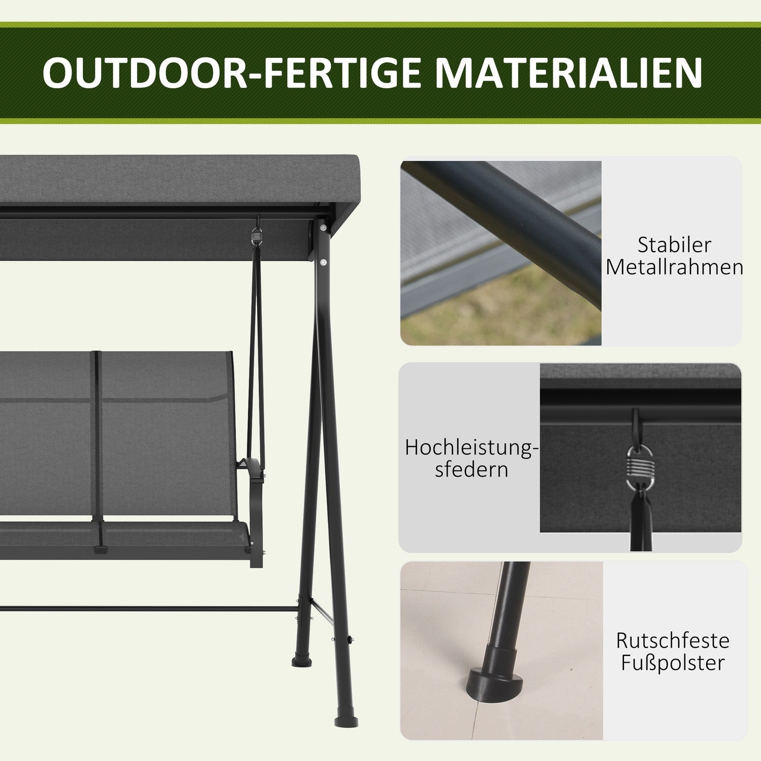 3-sits trädgårdsgunga, metallram, justerbart tak