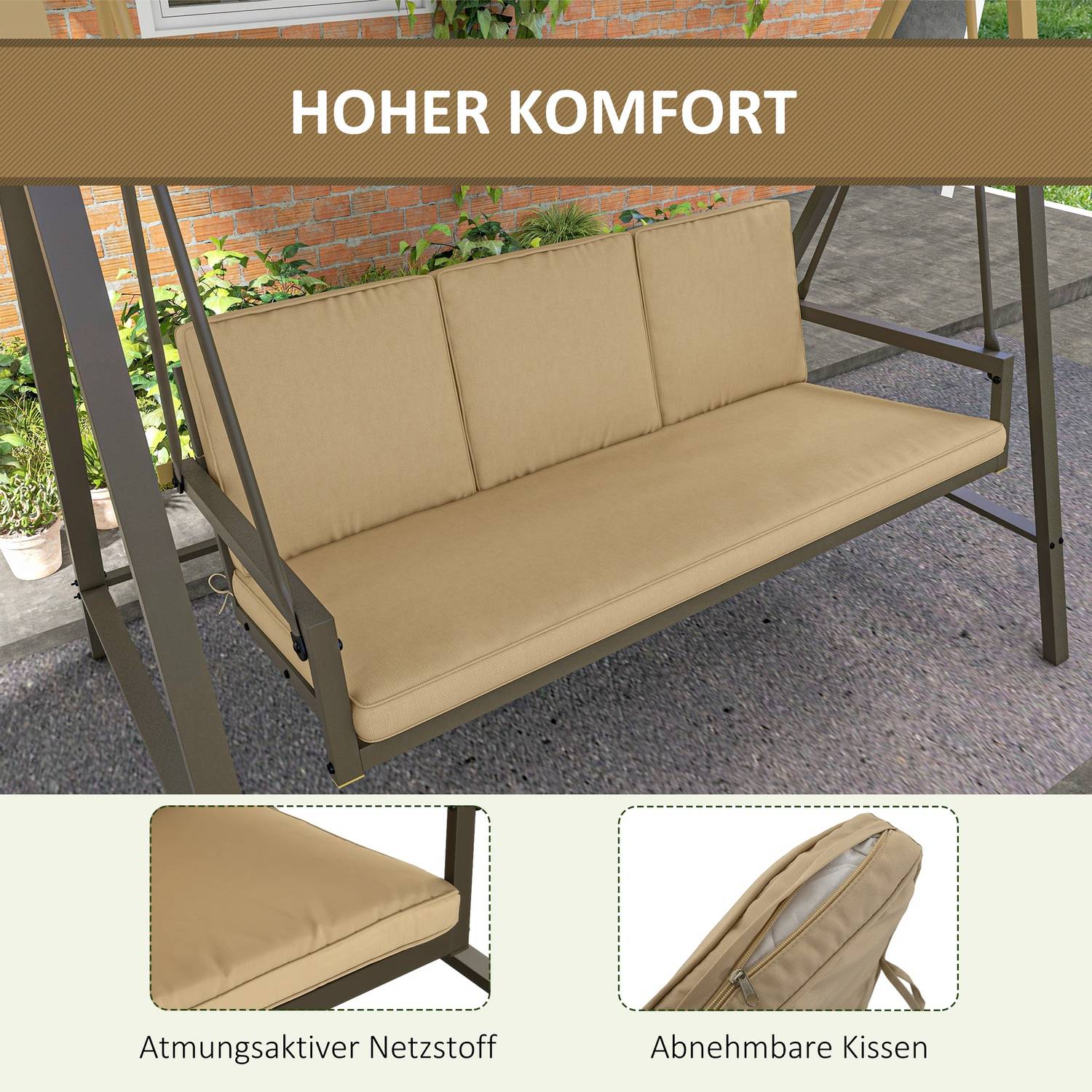 3-sits trädgårdssvingbänk, justerbar kapell, beige
