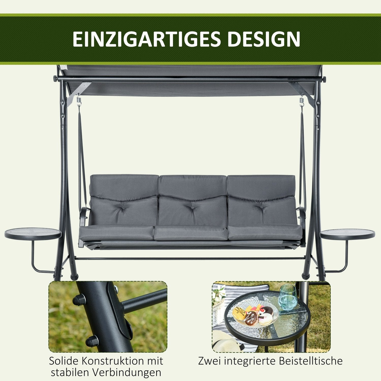 3-sits trädgårdssvingbänk med kapell och bord