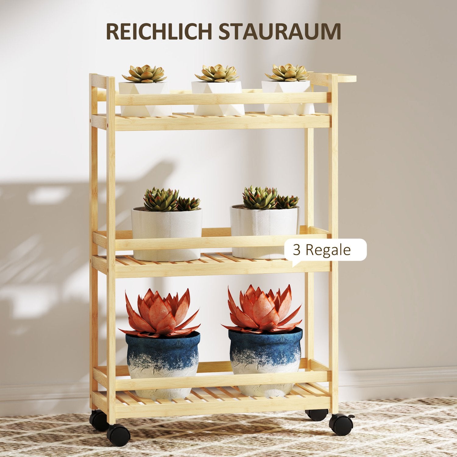 3-vånings köksvagn i bambu med hjul och handtag