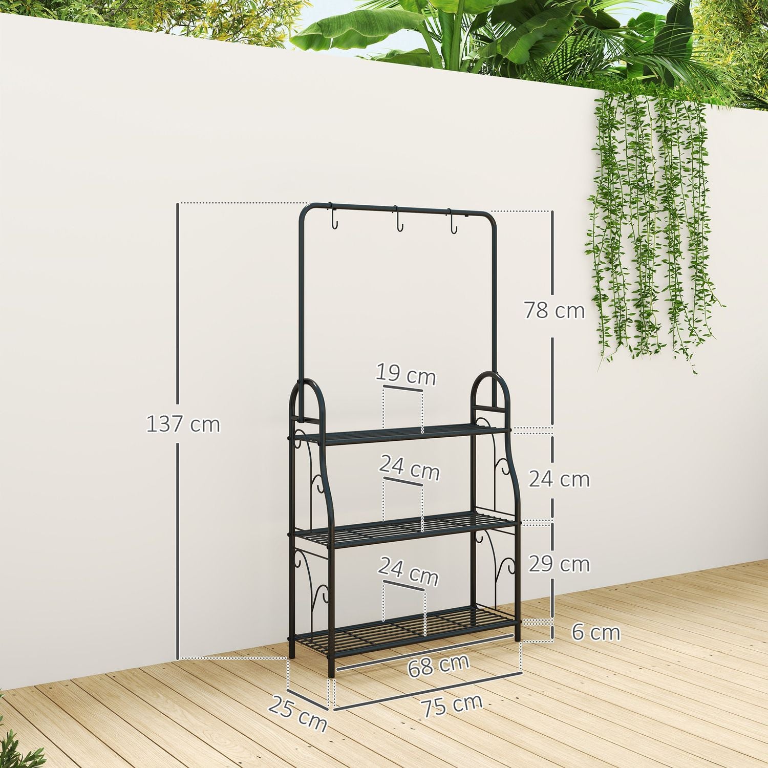 3-vånings växtställ i svart metall med hängkrokar, 137 cm hög