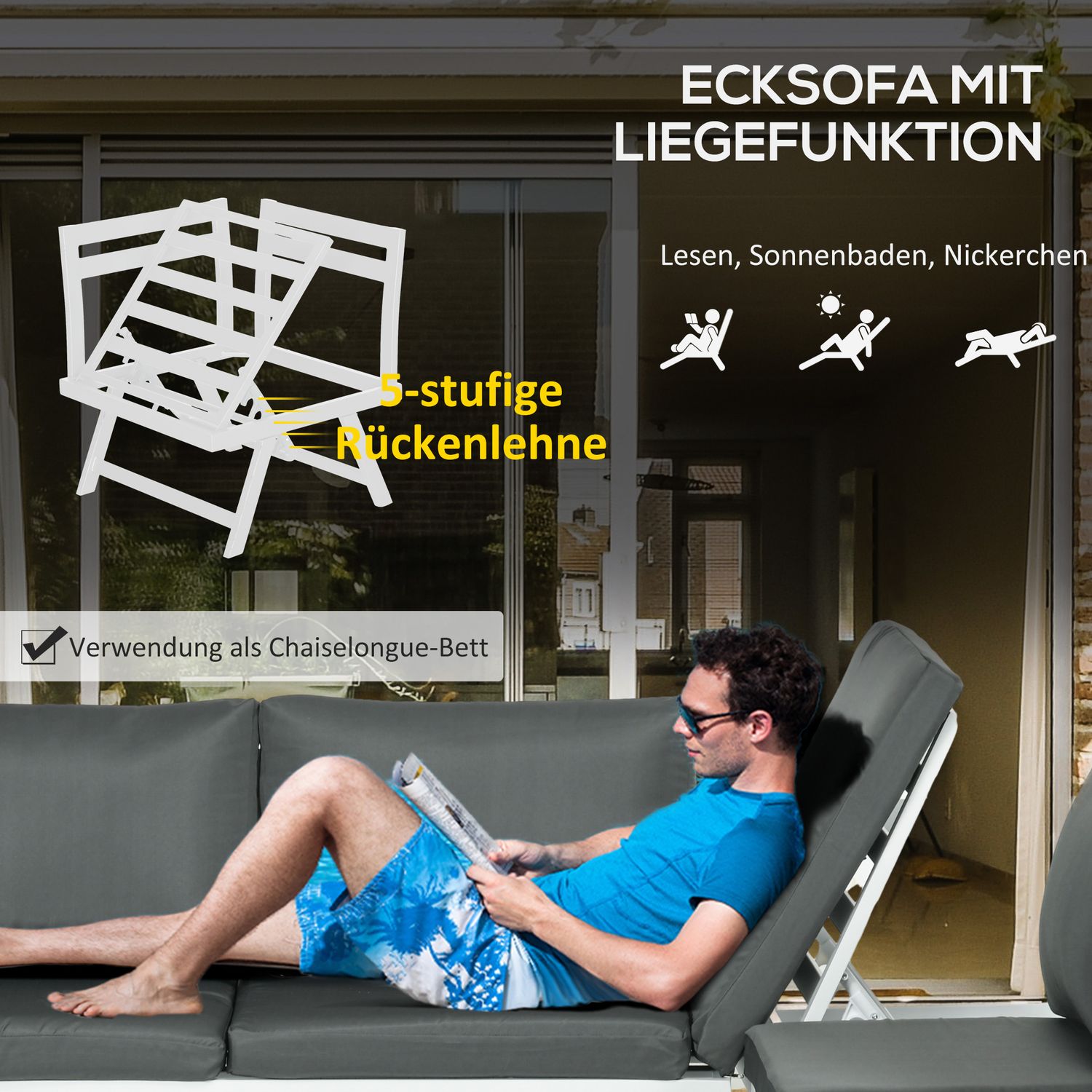 4-delad grå trädgårdsmöbelset, soffa och soffbord