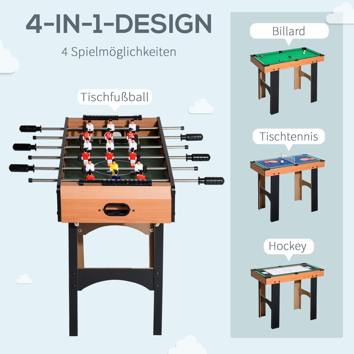 4-i-1 spelbord: fotboll, hockey, tennis, biljard