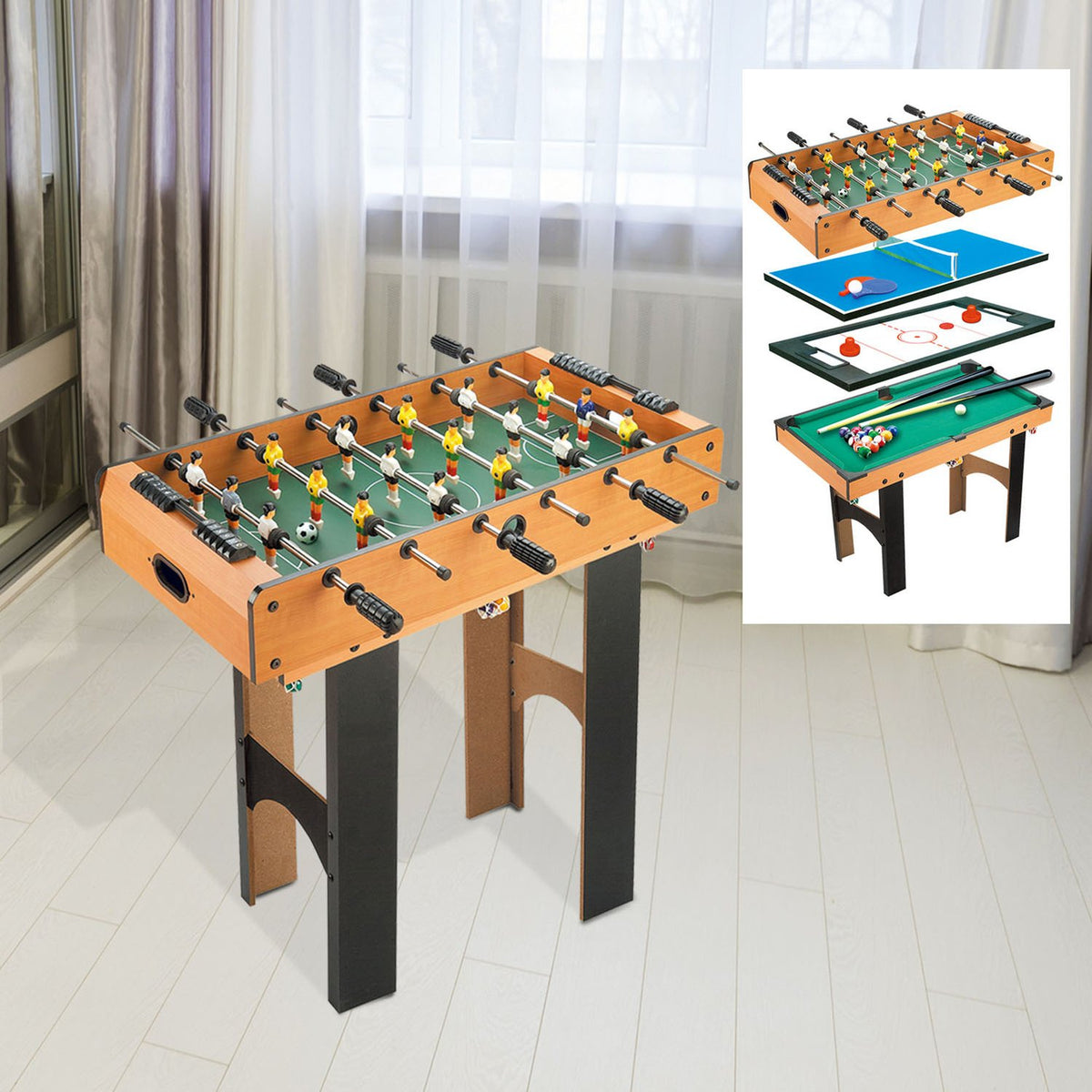 4-i-1 spelbord: fotboll, hockey, tennis, biljard