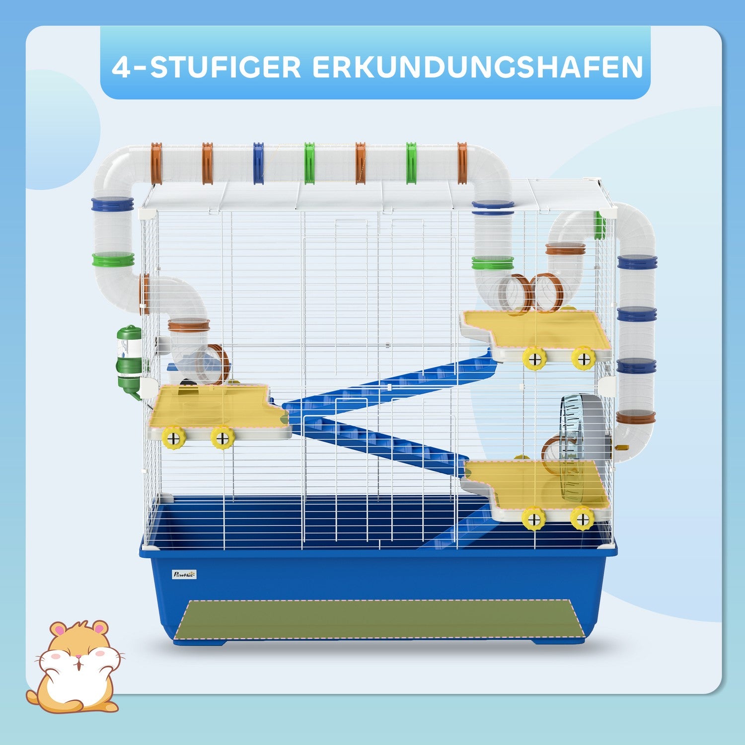 4-vånings hamsterbur med hjul och tillbehör, blå