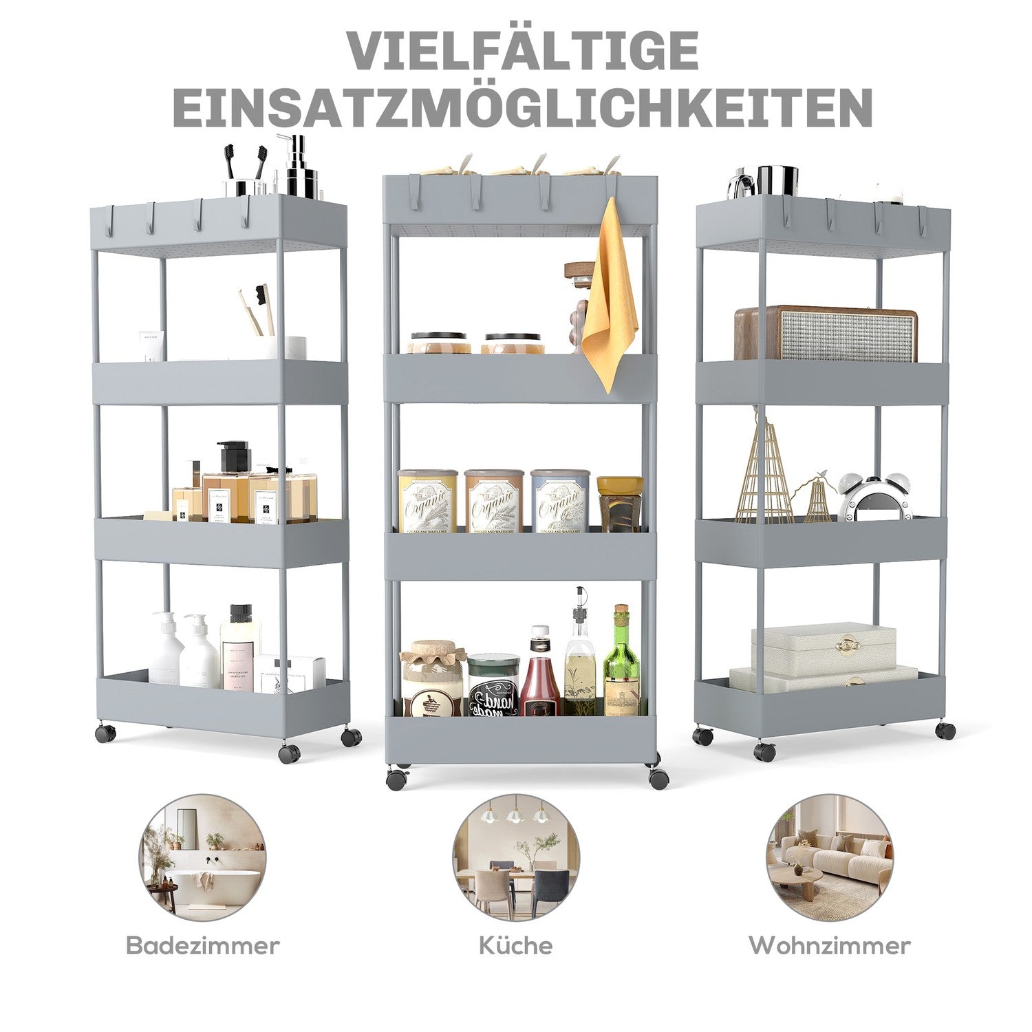 4-vånings köksförvaringsvagn med hjul, plast, grå