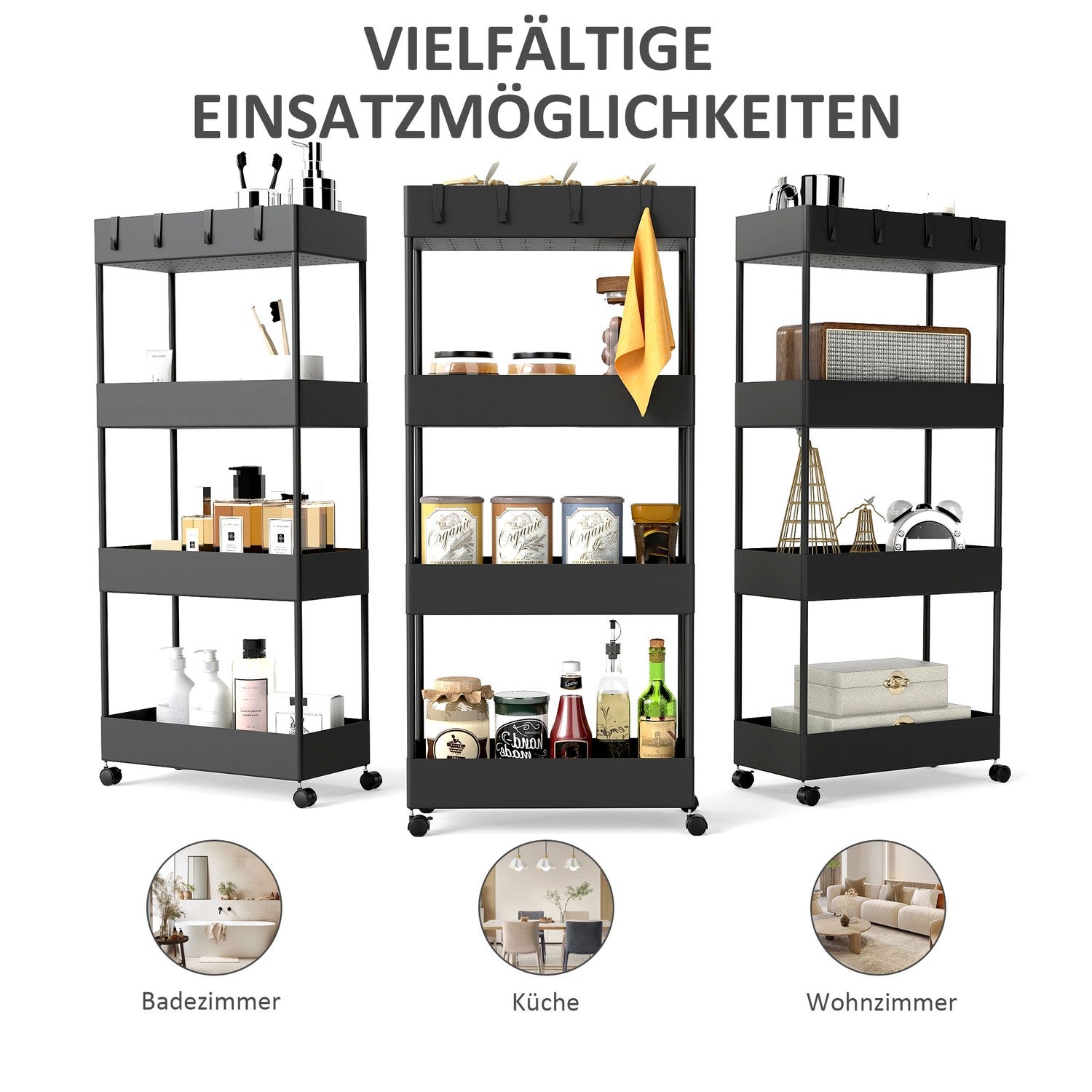 4-vånings rullande köksvagn med hjul, svart plast