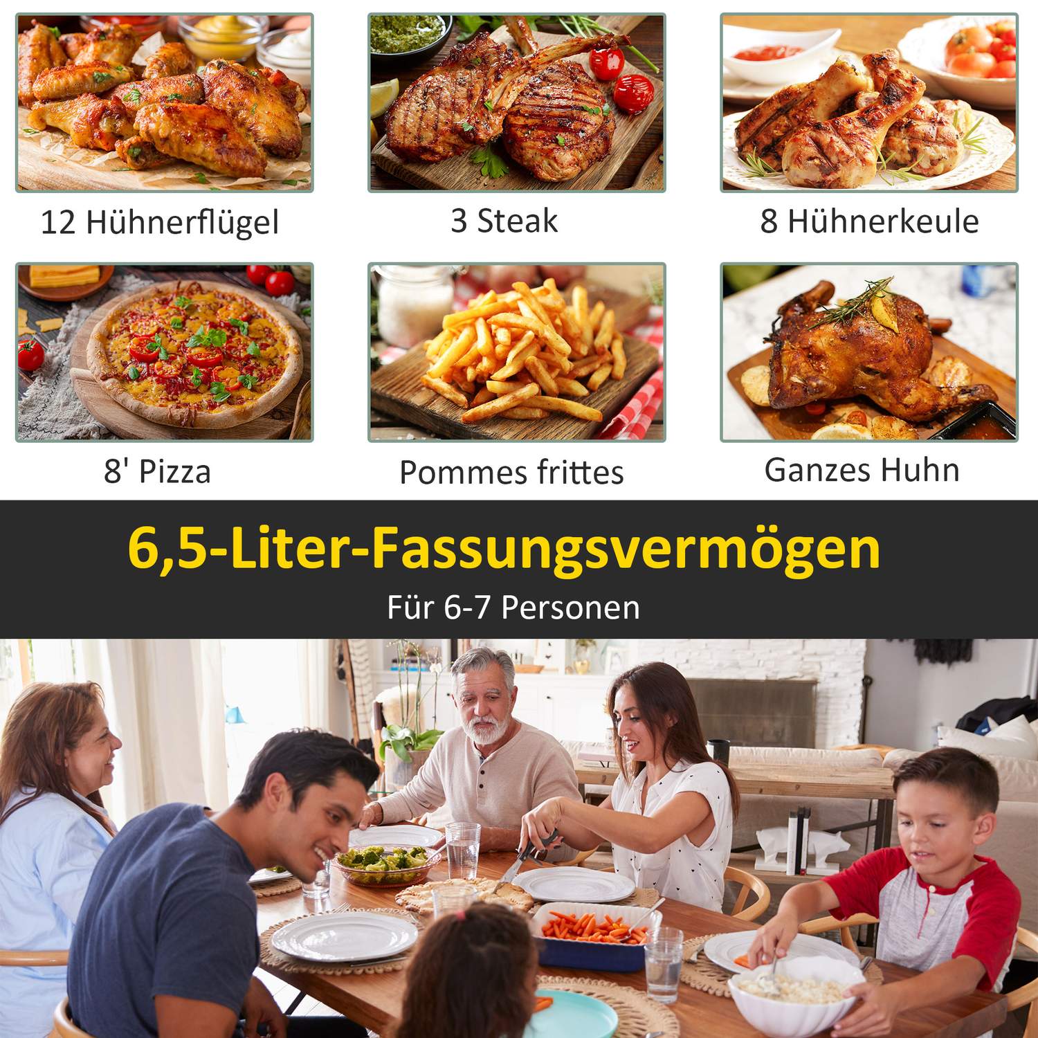 6,5L varmluftsfritös, 1700W, LED-skärm, non-stick korg