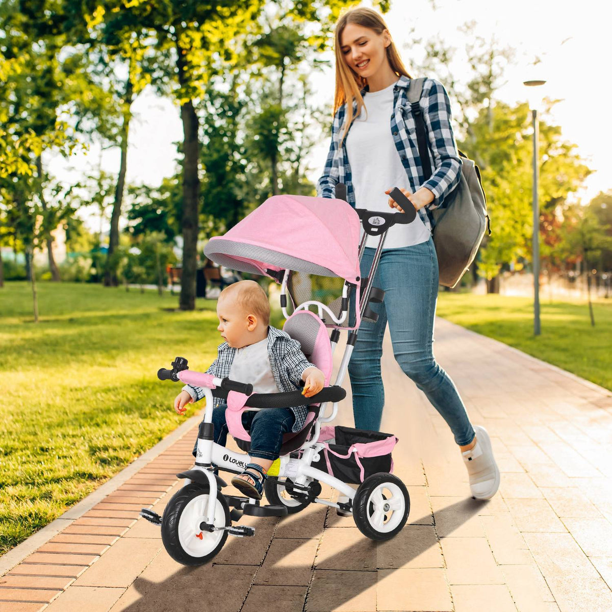 Dětská tříkolka 6 v 1 s vodicí tyčí, stříškou, bezpečnostním pásem a úložným košem, pro děti od 1 do 5 let, růžová