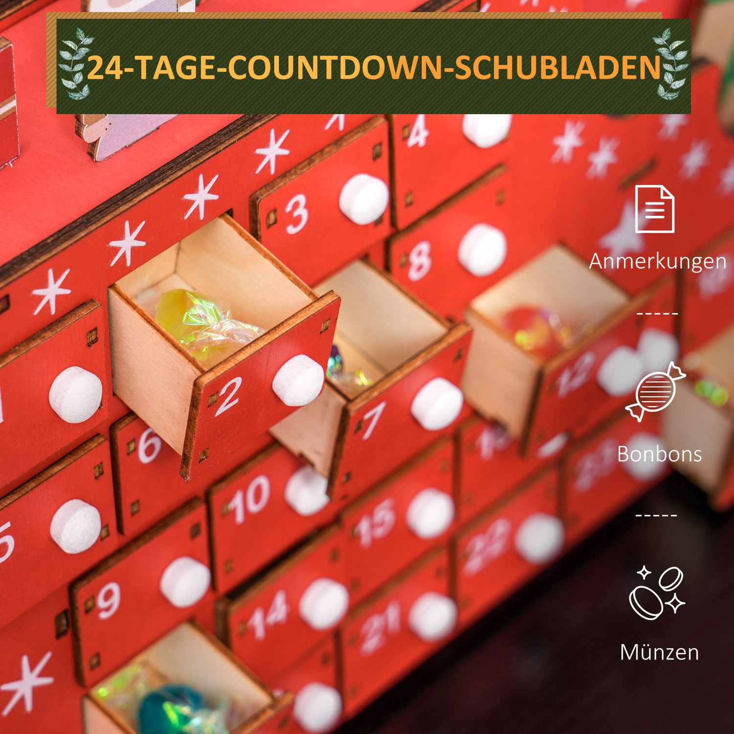 Adventskalender DIY Kit – 24 lådor, MDF, Röd