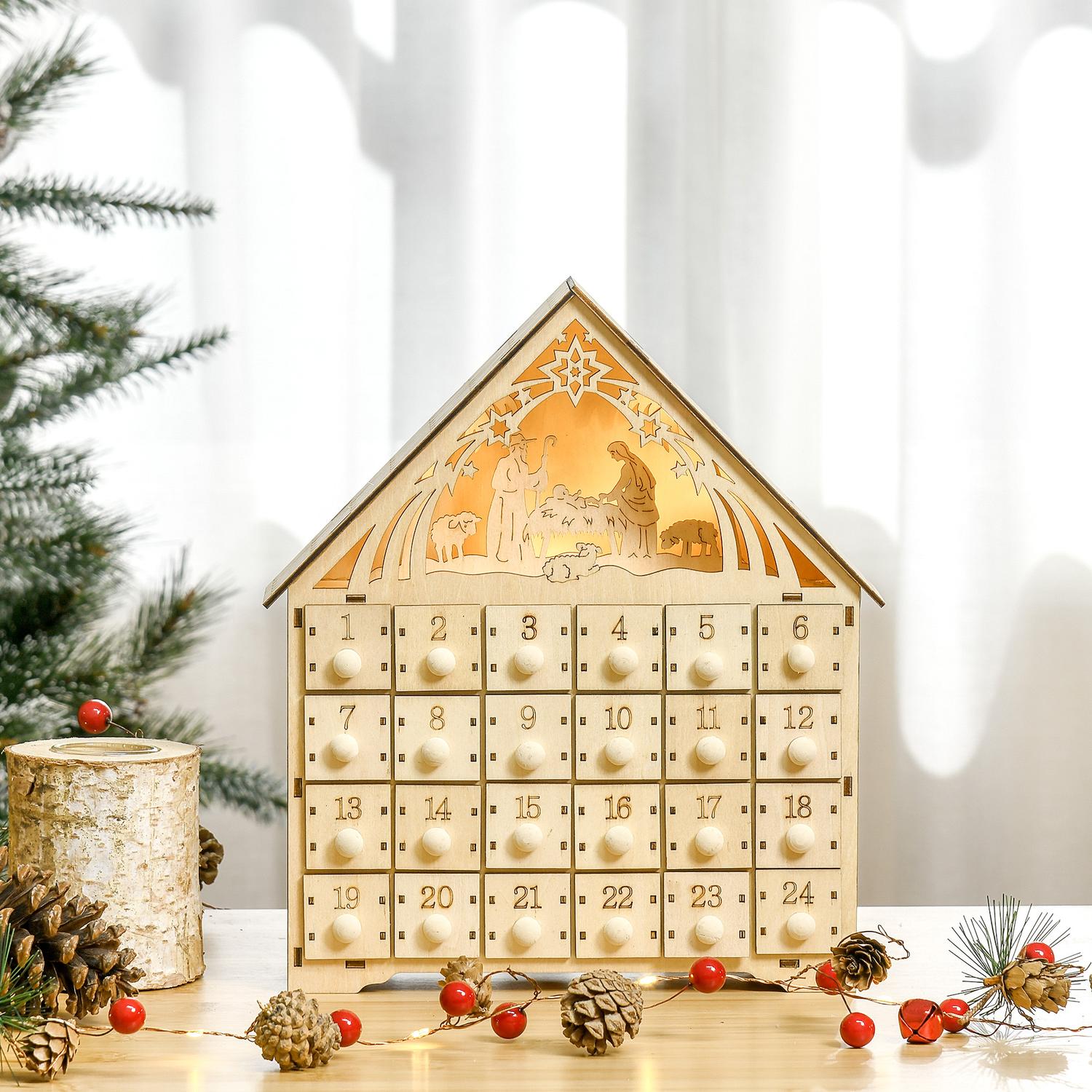 Adventskalender med 24 LED-belysta trälådor