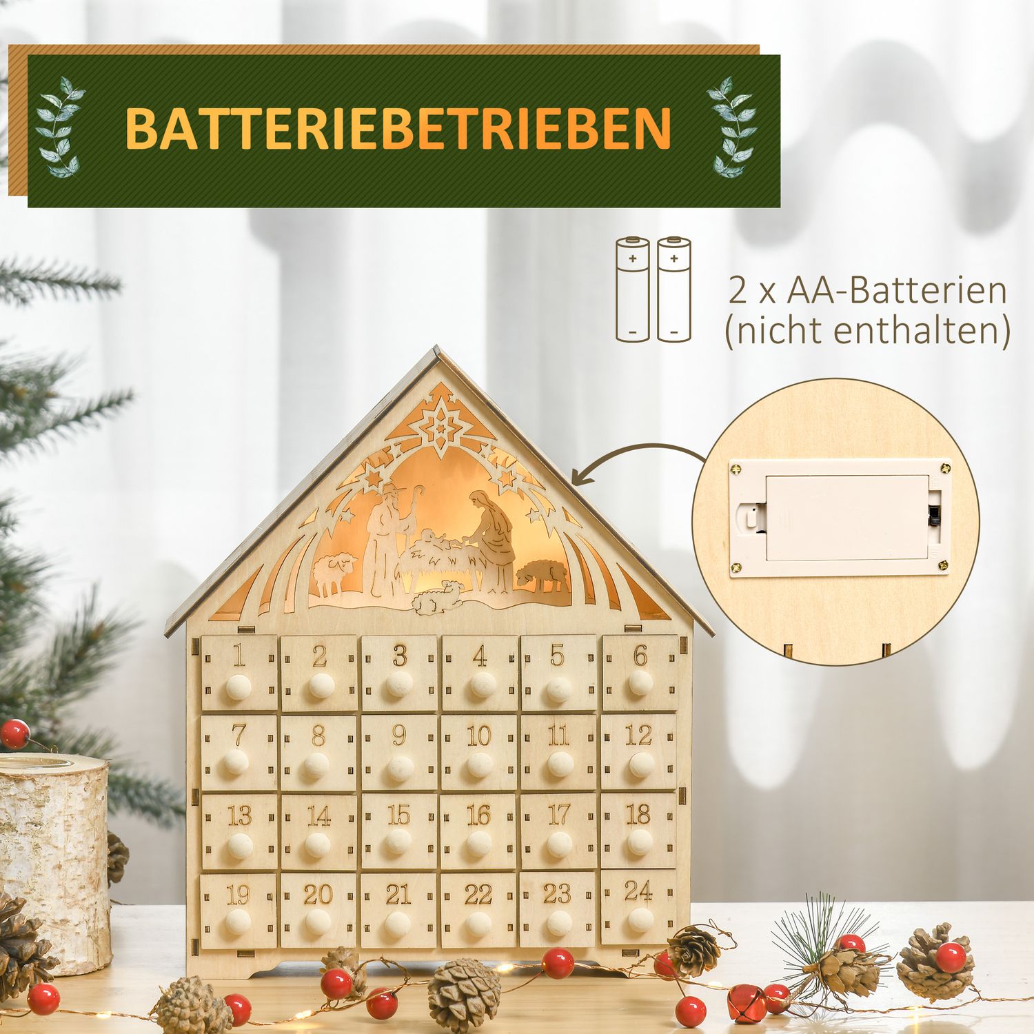 Adventskalender med 24 LED-belysta trälådor
