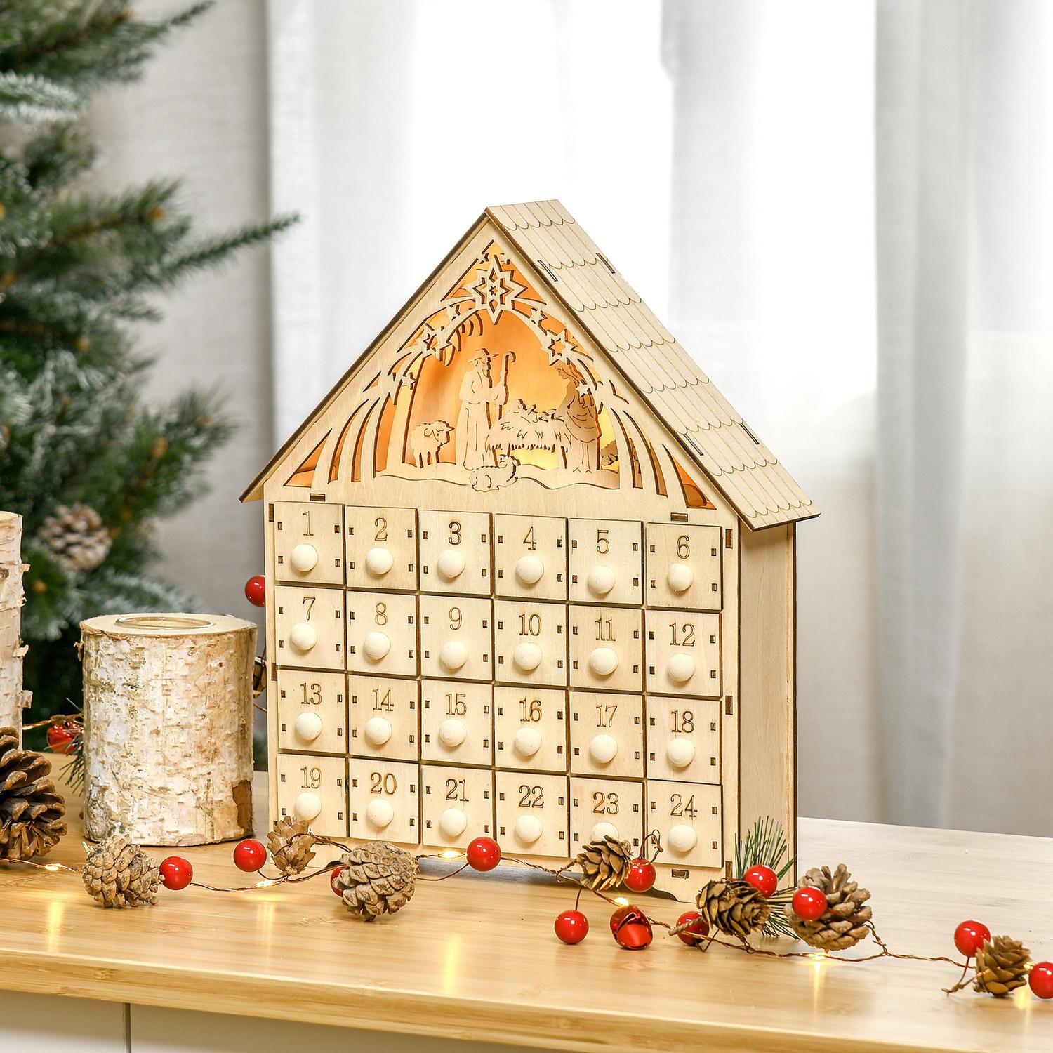 Adventskalender med 24 LED-belysta trälådor