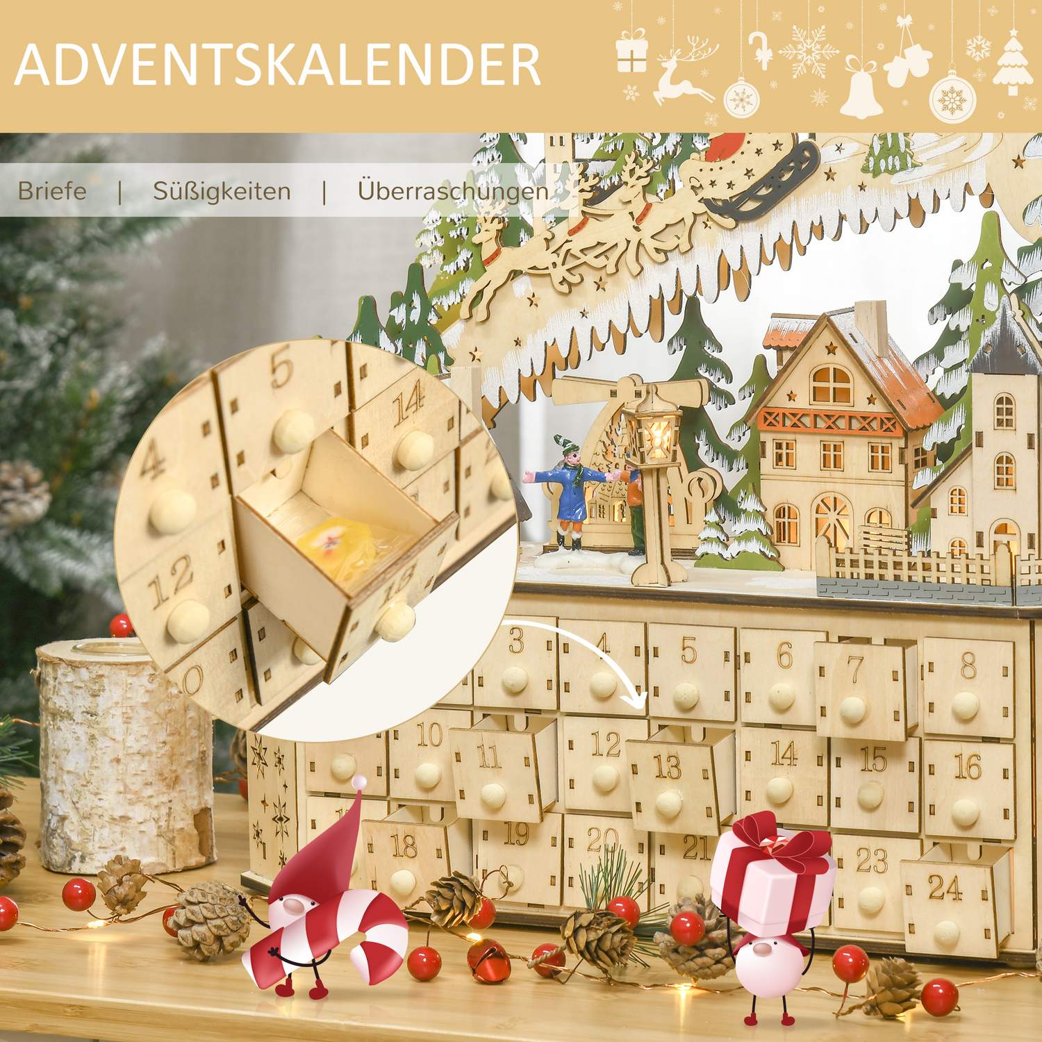 Adventskalender med LED-ljus, 24 fyllbara lådor, 45x13x43 cm