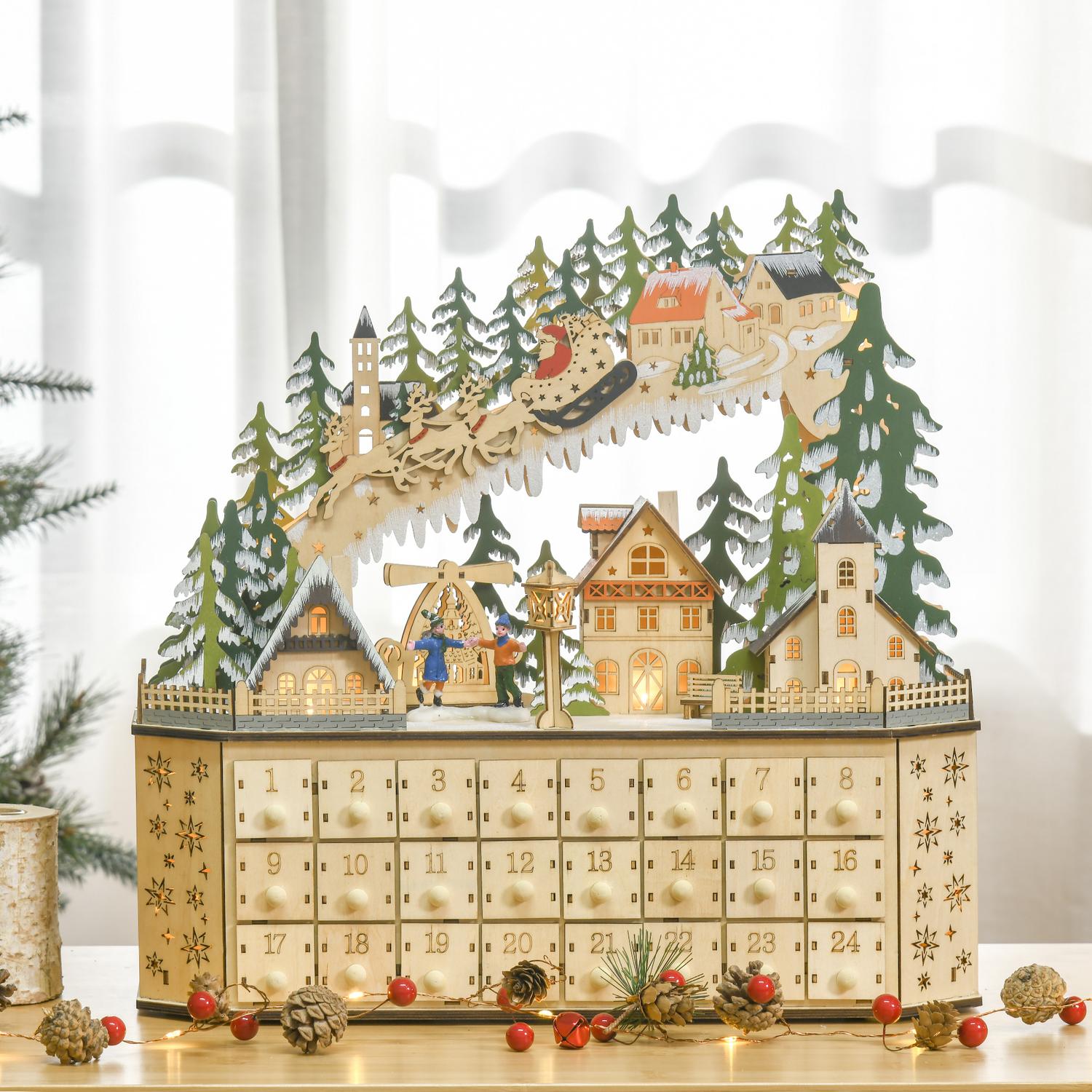 Adventskalender med LED-ljus, 24 fyllbara lådor, 45x13x43 cm