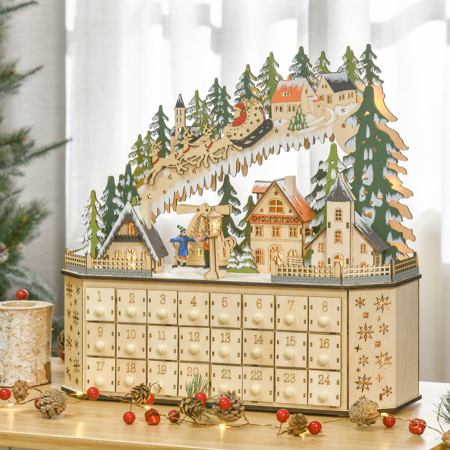 Adventskalender med LED-ljus, 24 fyllbara lådor, 45x13x43 cm