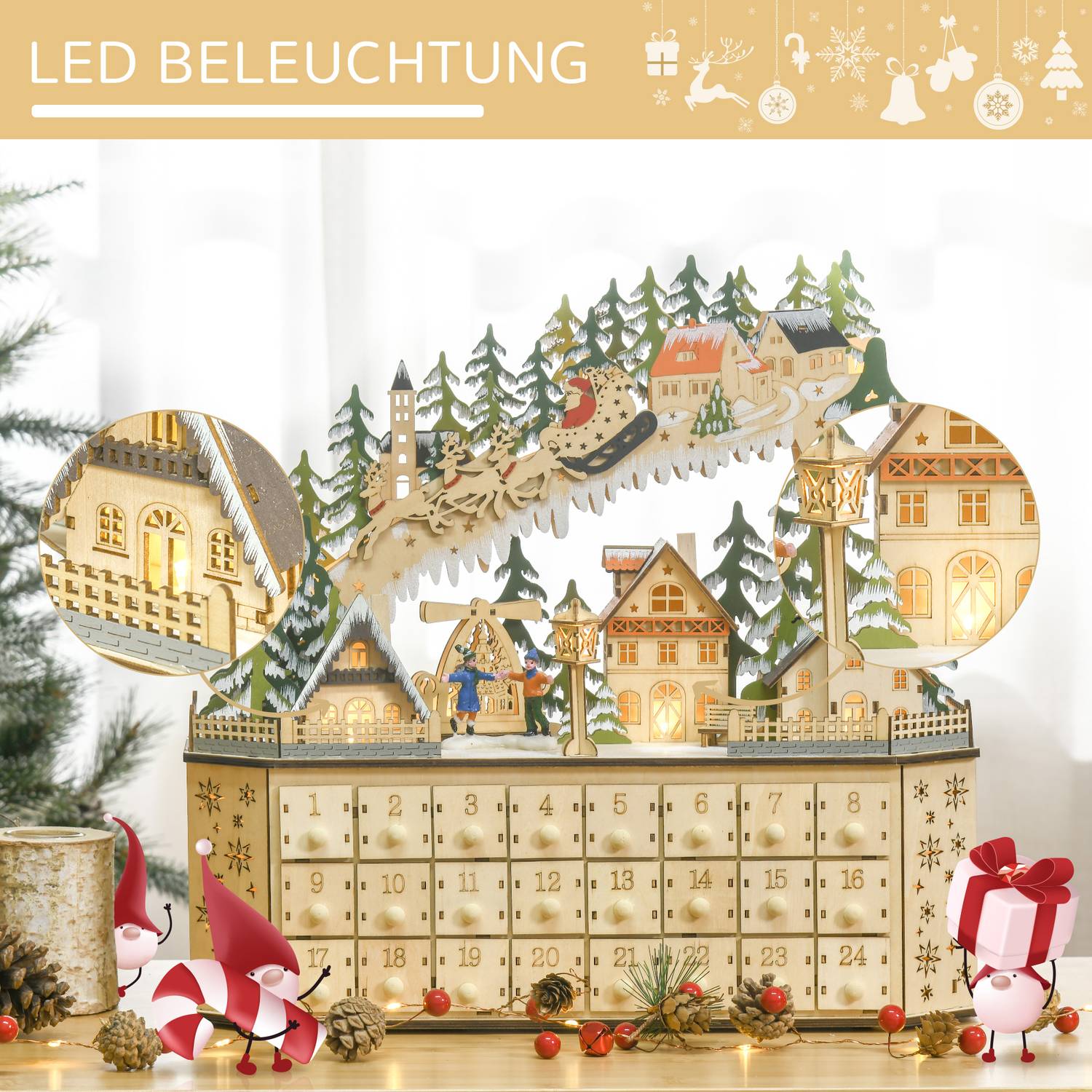 Adventskalender med LED-ljus, 24 fyllbara lådor, 45x13x43 cm