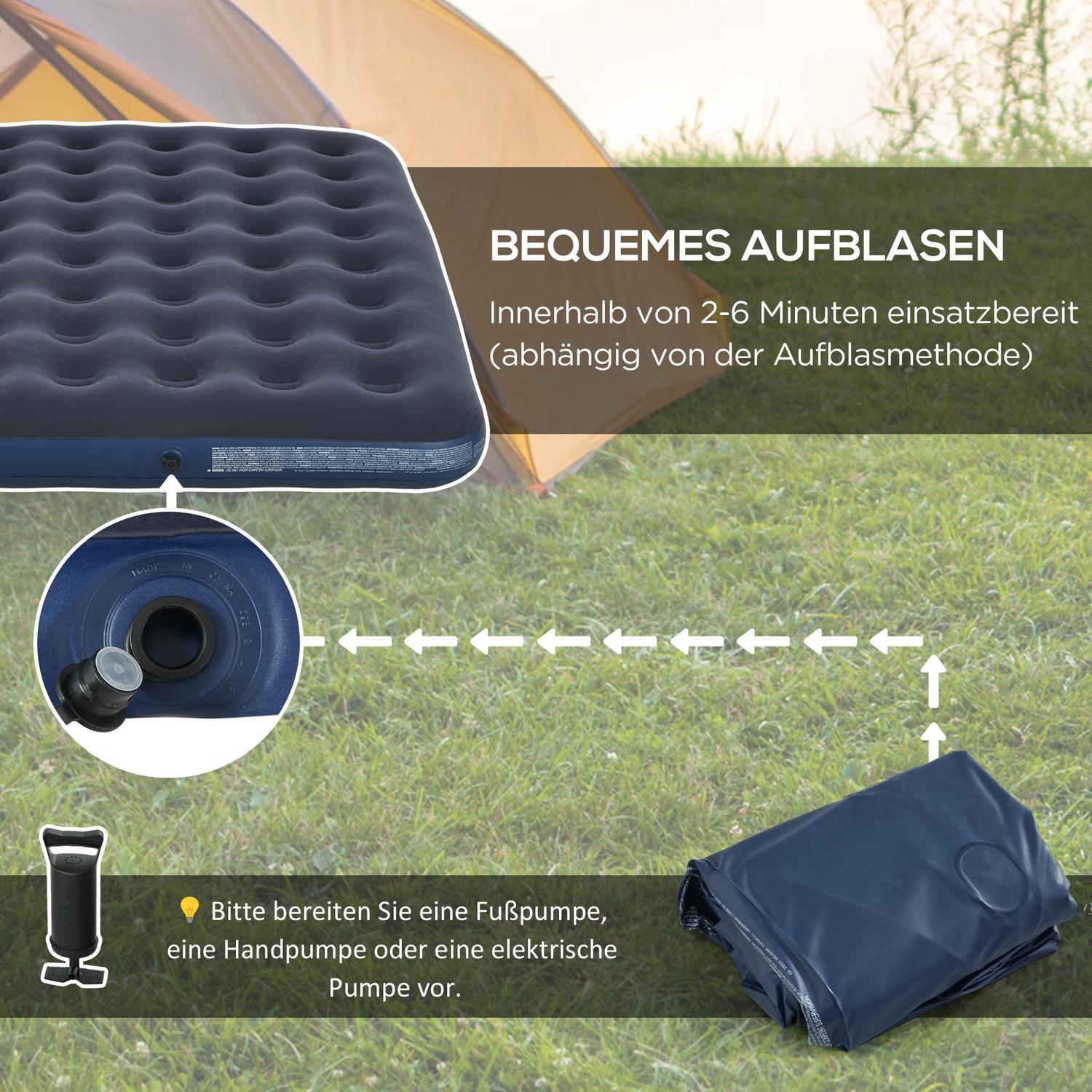 Dubbel luftsäng för camping, hopfällbar, mörkblå, 203x152x22 cm