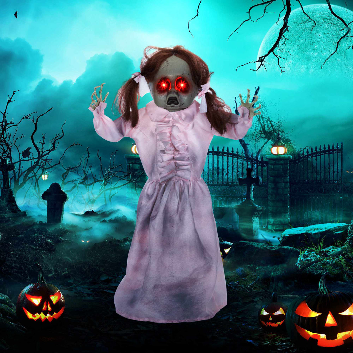 Animovaná halloweenská panenka, aktivovaná zvukem a dotykem, 76 cm