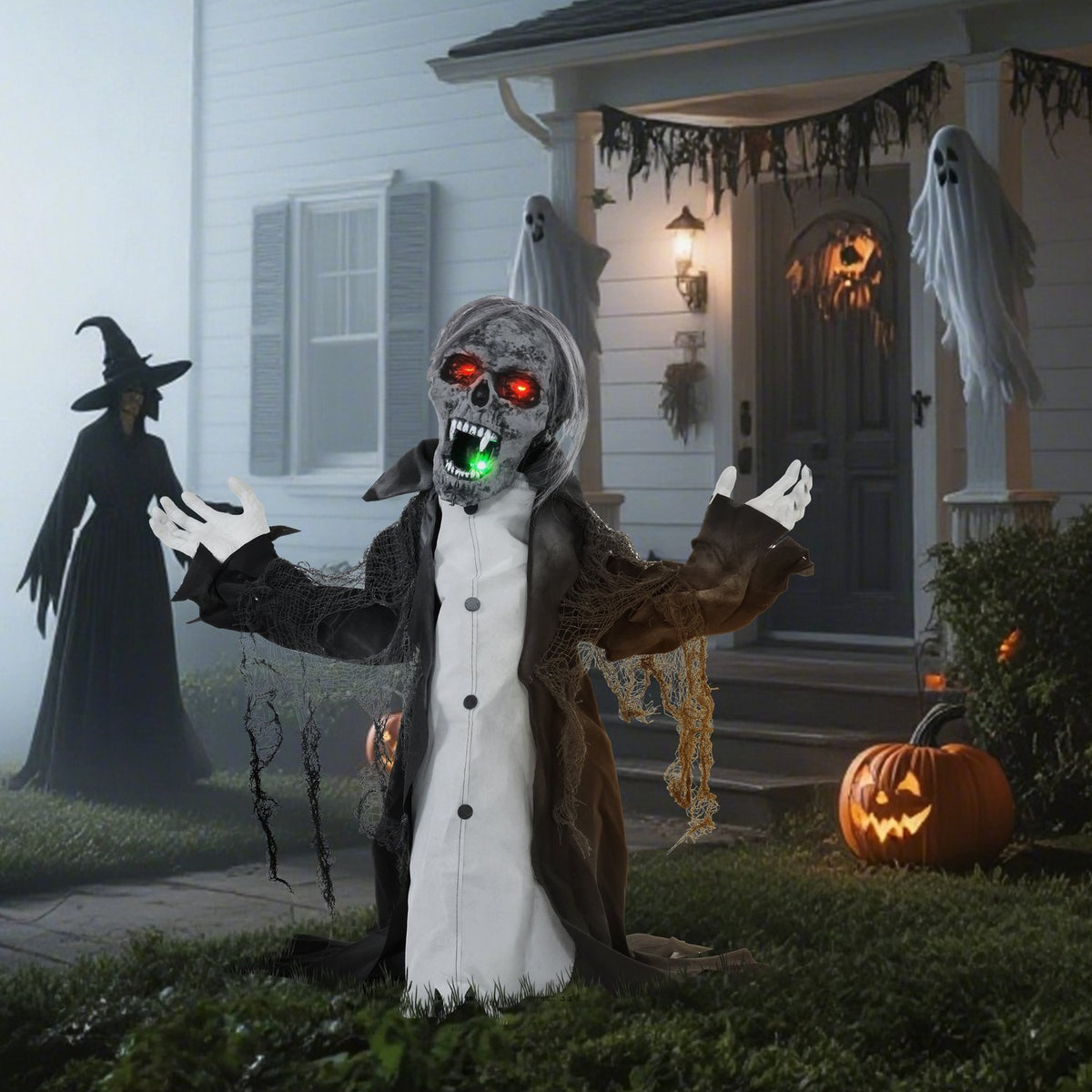 Animovaná halloweenská kostra zombie s pohyblivými pažemi