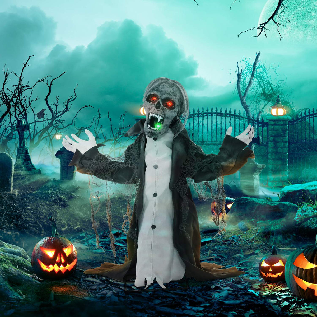 Animovaná halloweenská kostra zombie s pohyblivými pažemi