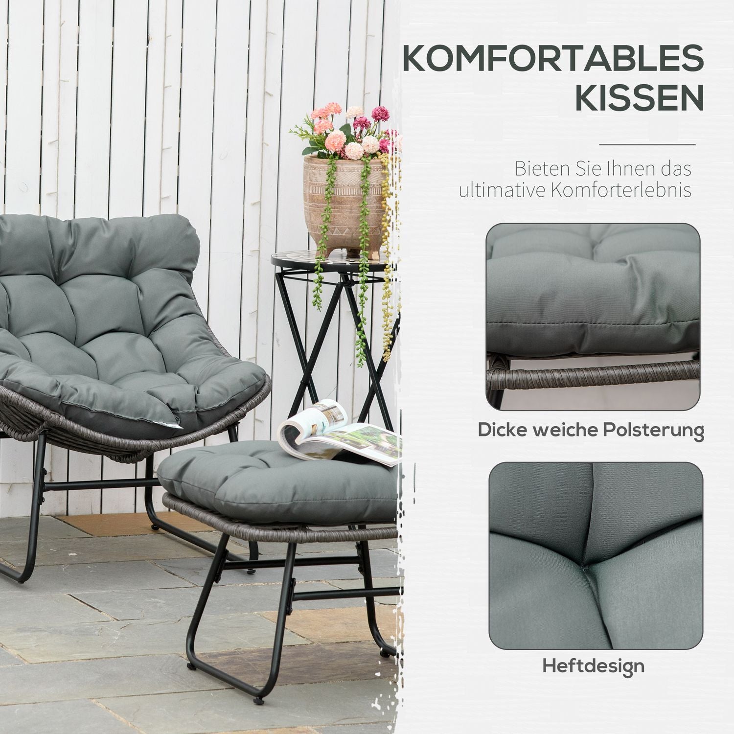 Avkopplingsstol i rotting utomhus med fotpall och gråa kuddar