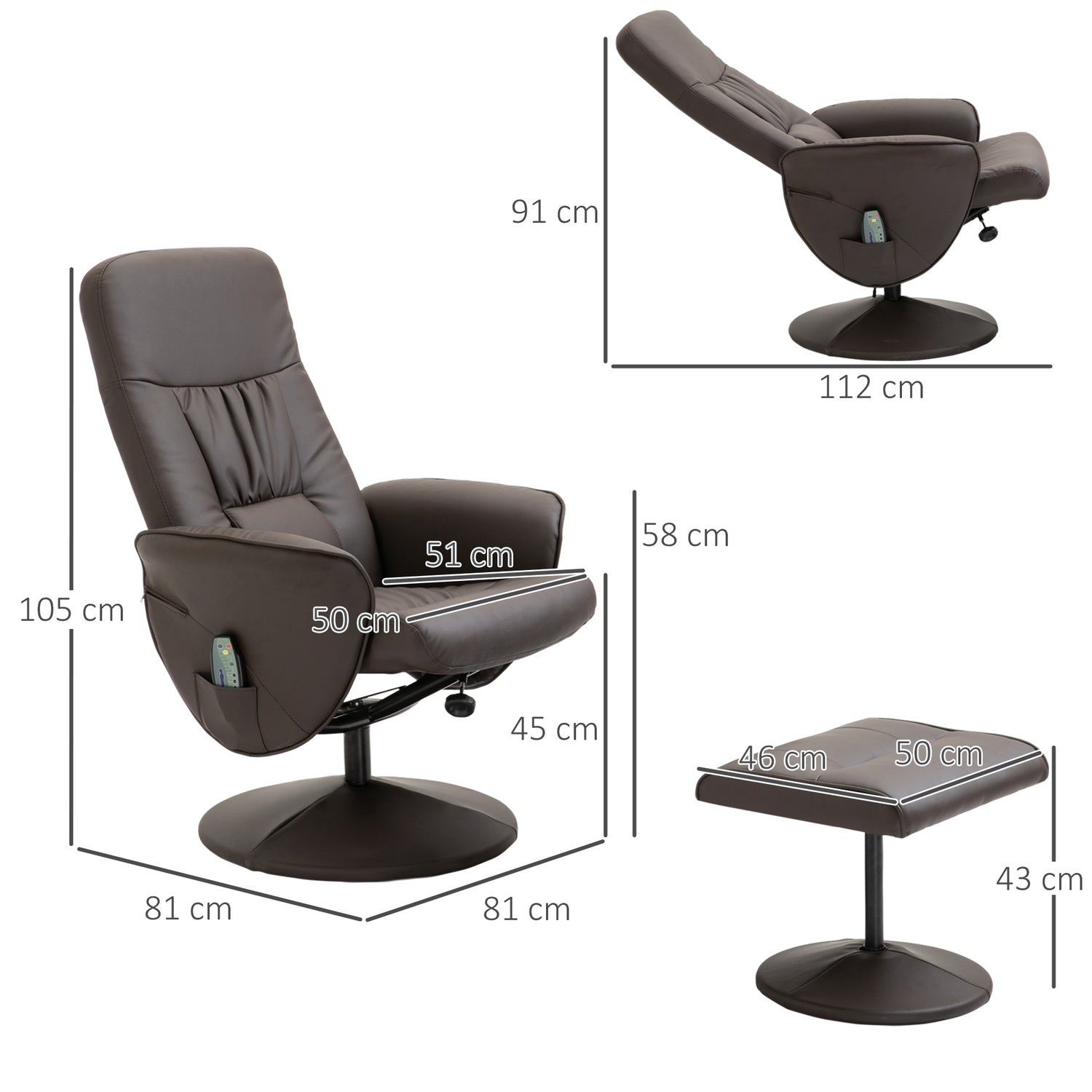 Liggstol med fotpall, konstläder, massage功能