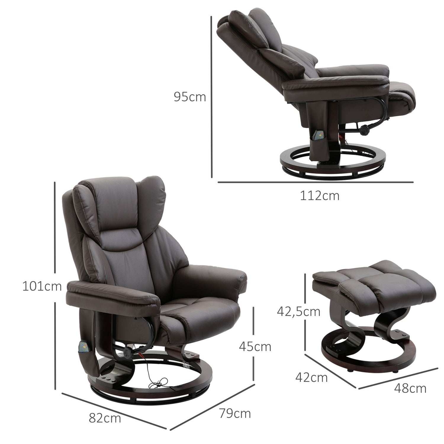 Massagefåtölj med fotpall, konstläder, brun