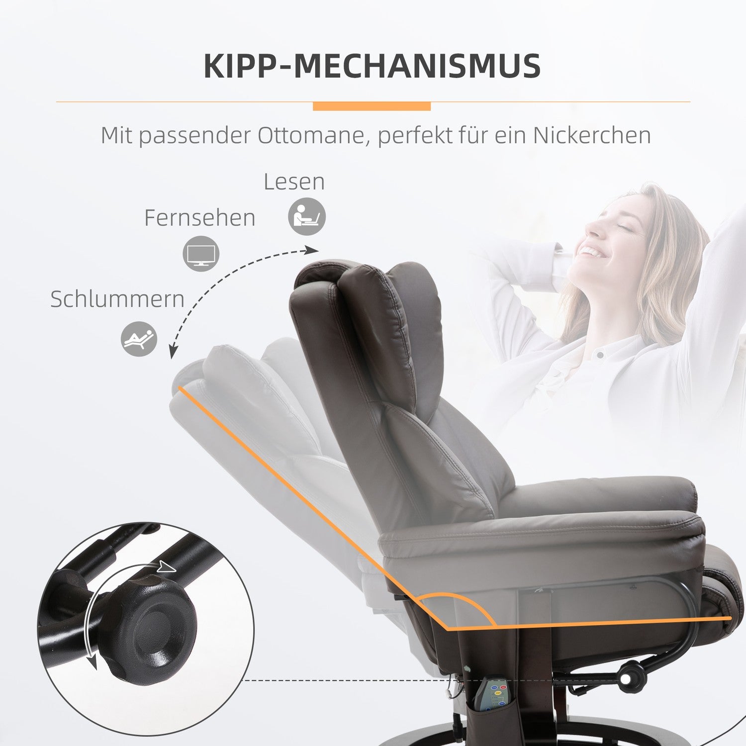 Massagefåtölj med fotpall, konstläder, brun