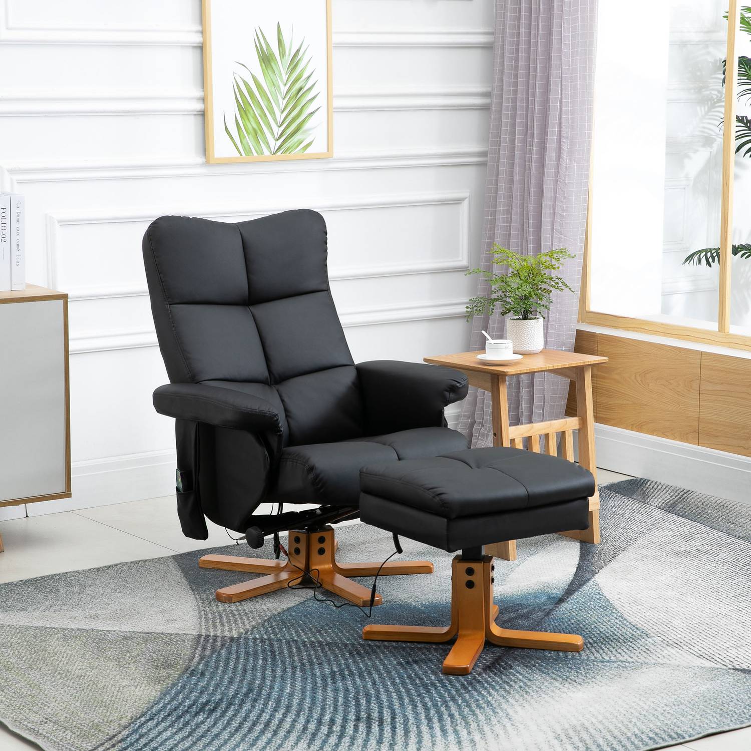 Massagestol Fåtölj med fotpall, 145° lutning, svart