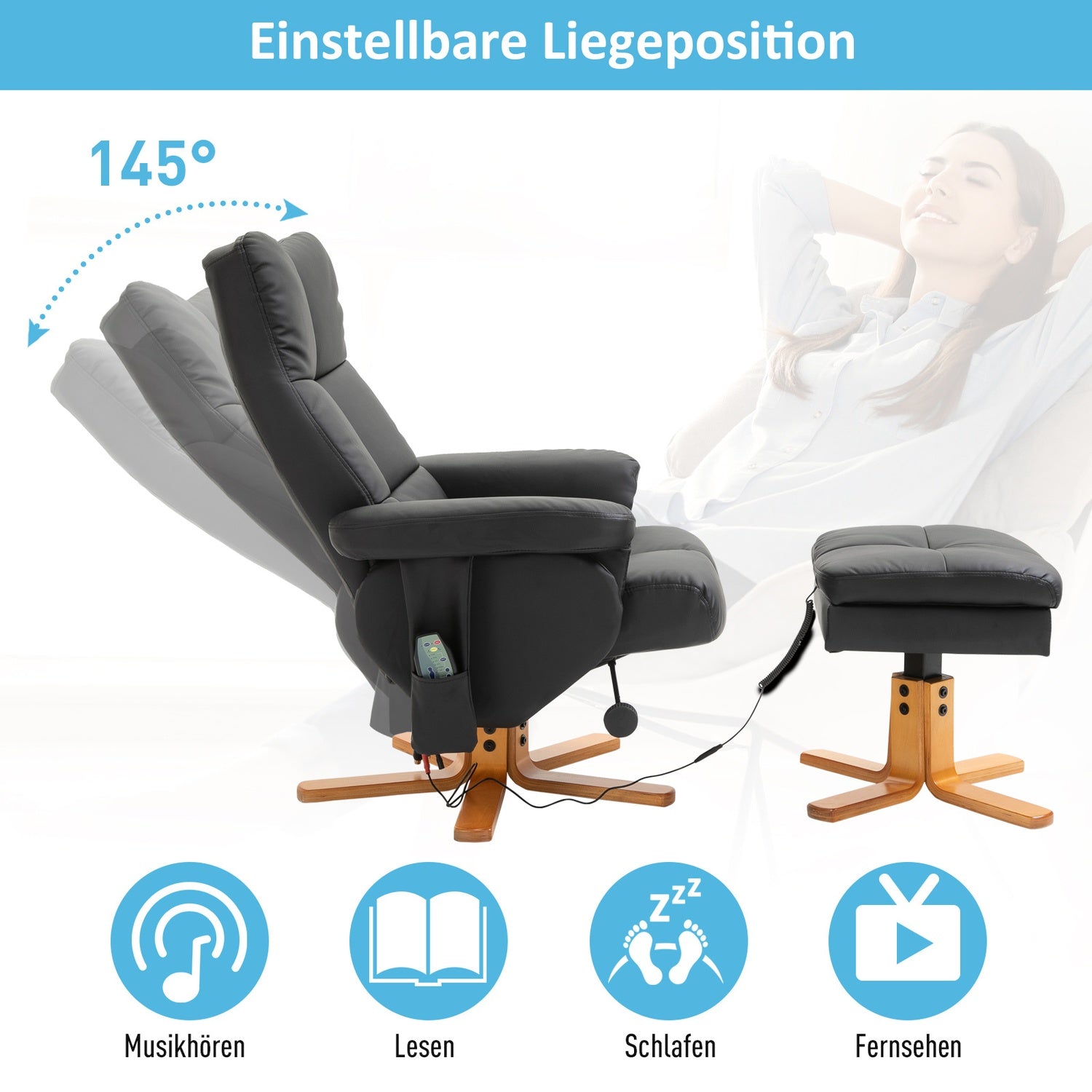 Massagestol Fåtölj med fotpall, 145° lutning, svart
