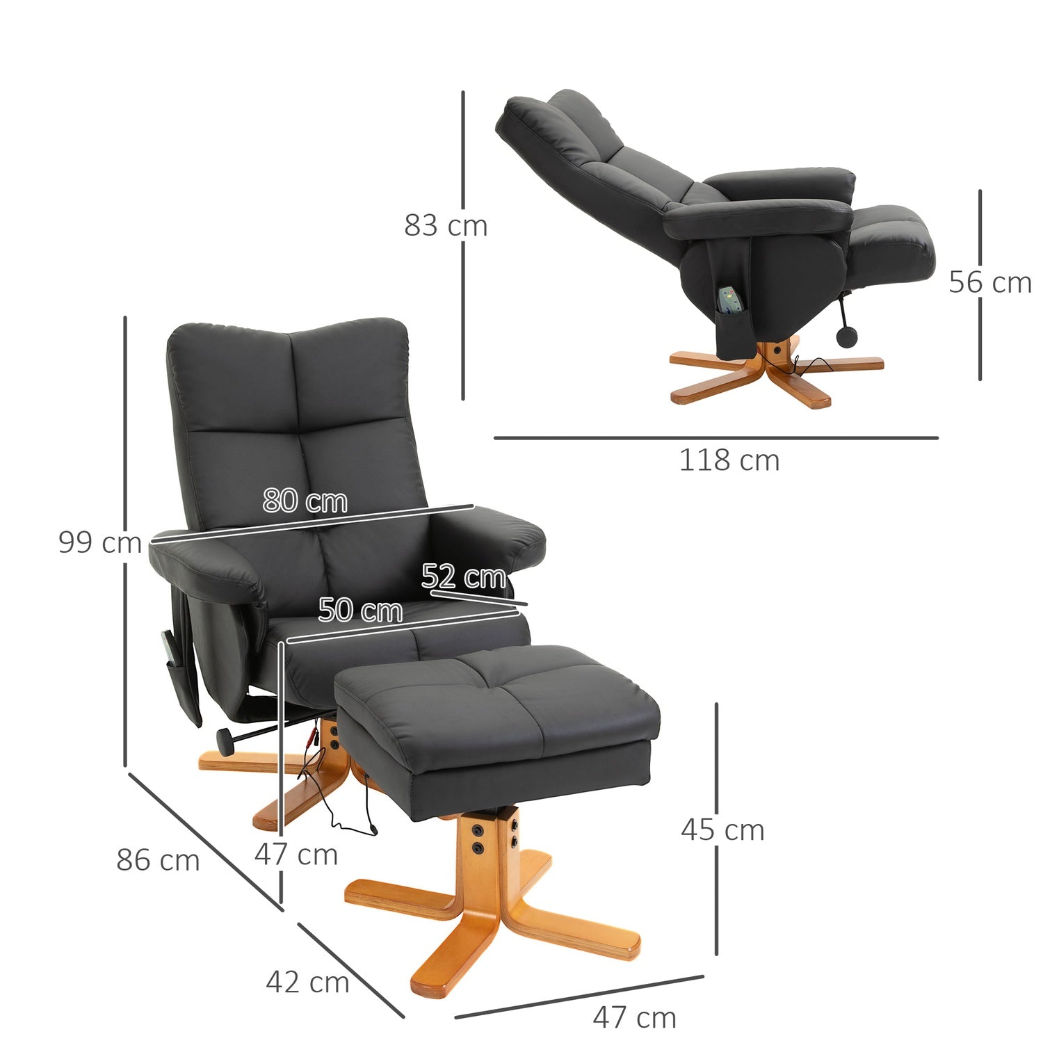 Massagestol Fåtölj med fotpall, 145° lutning, svart