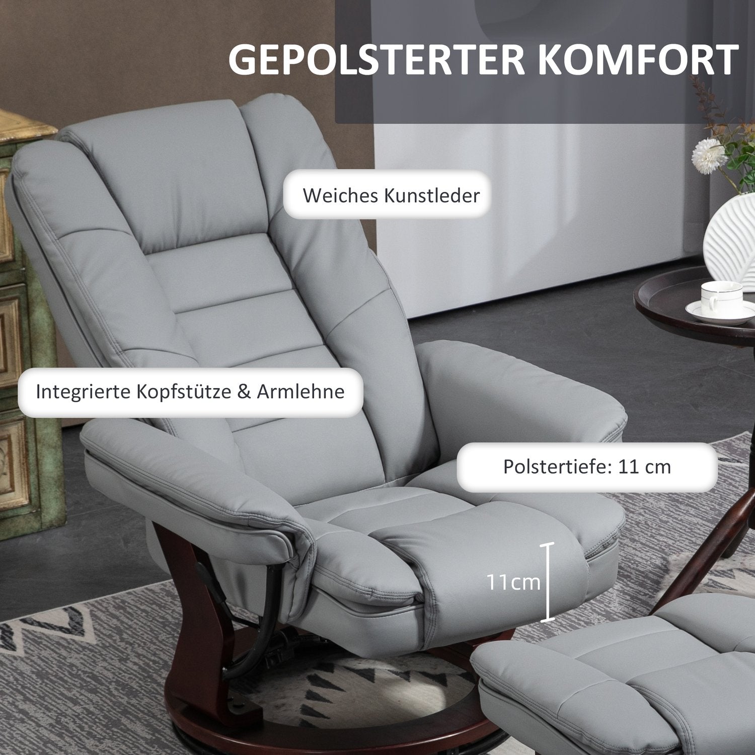 Grå vilstol med pall, 360° vridbar, konstläder