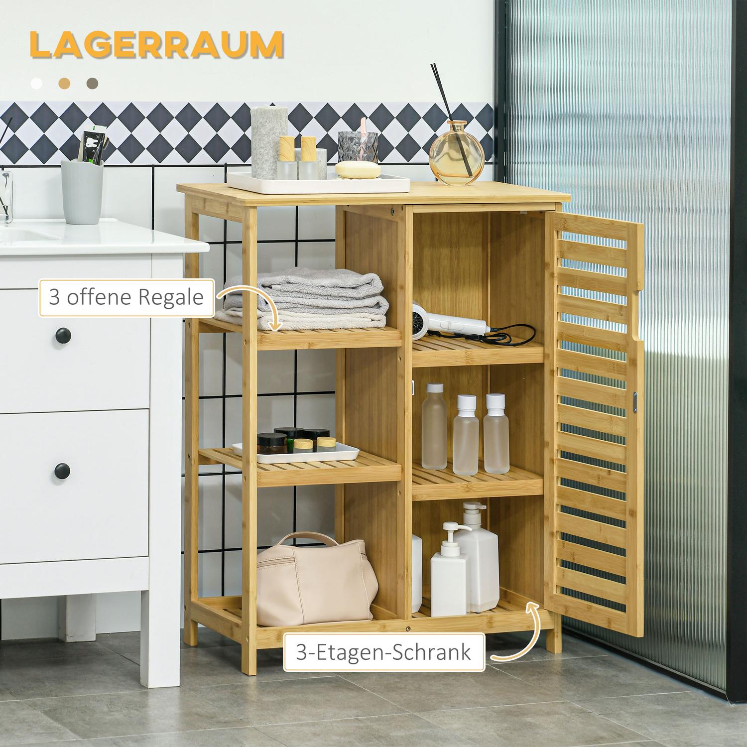 Badrumsskåp med hylla & fack, bambu, natur