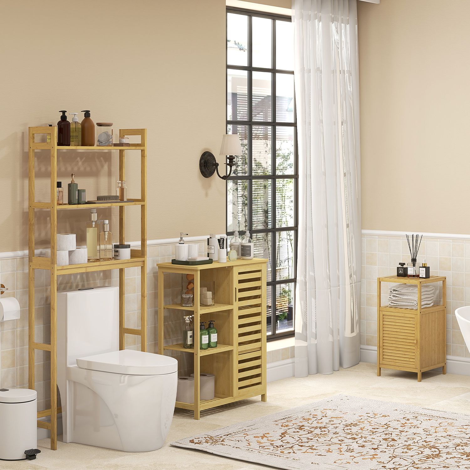 Badrumsskåp med hylla & fack, bambu, natur