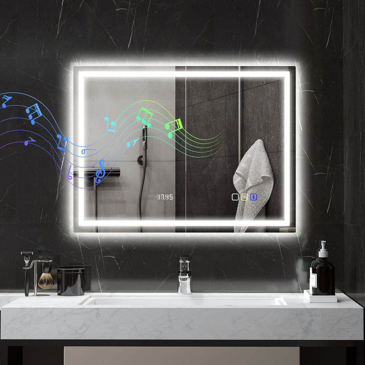 Badrumsspegel med LED-belysning, anti-dimkudde, 3 justerbara färger, klocka, 600 x 800 mm, silver
