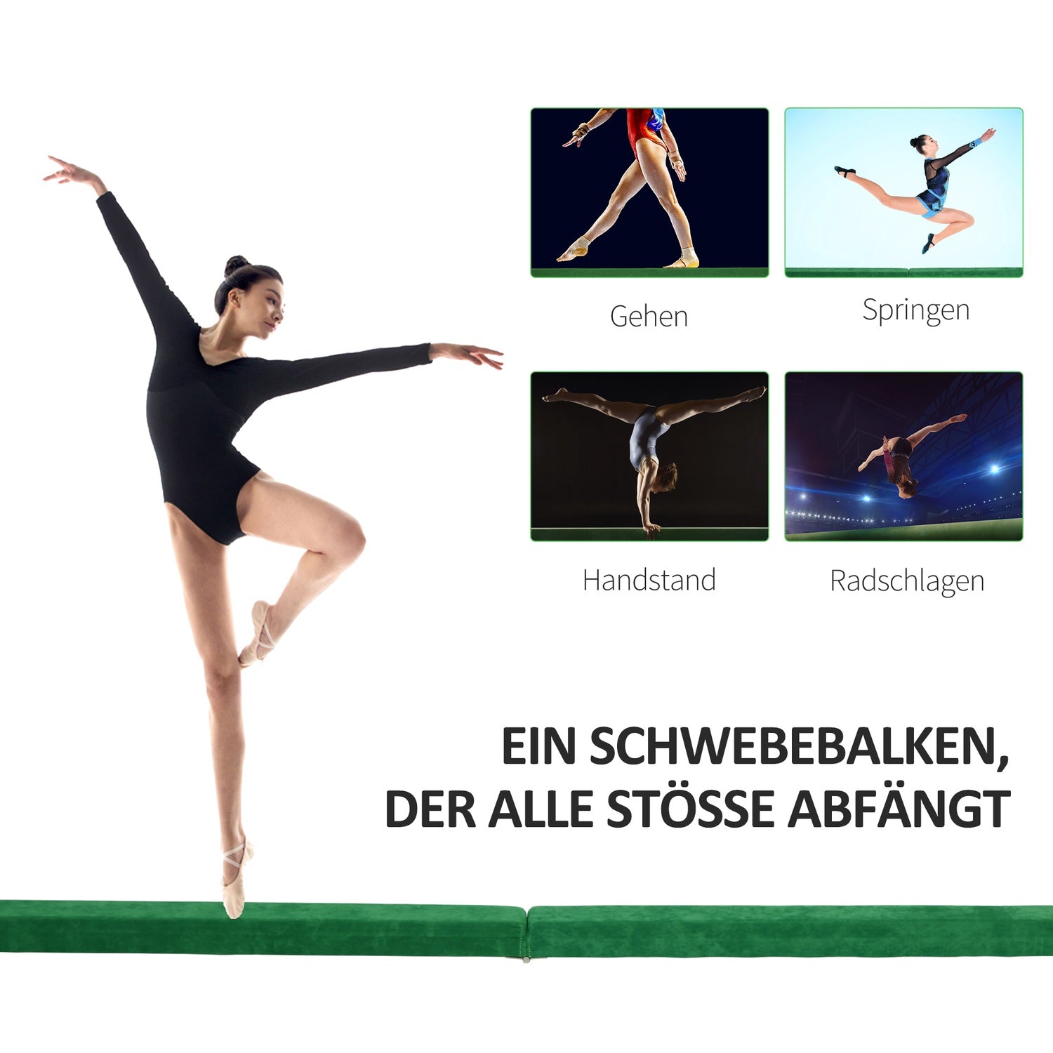 Balansbalk 210 cm, hopfällbar & stabil, grön, inomhus/utomhus