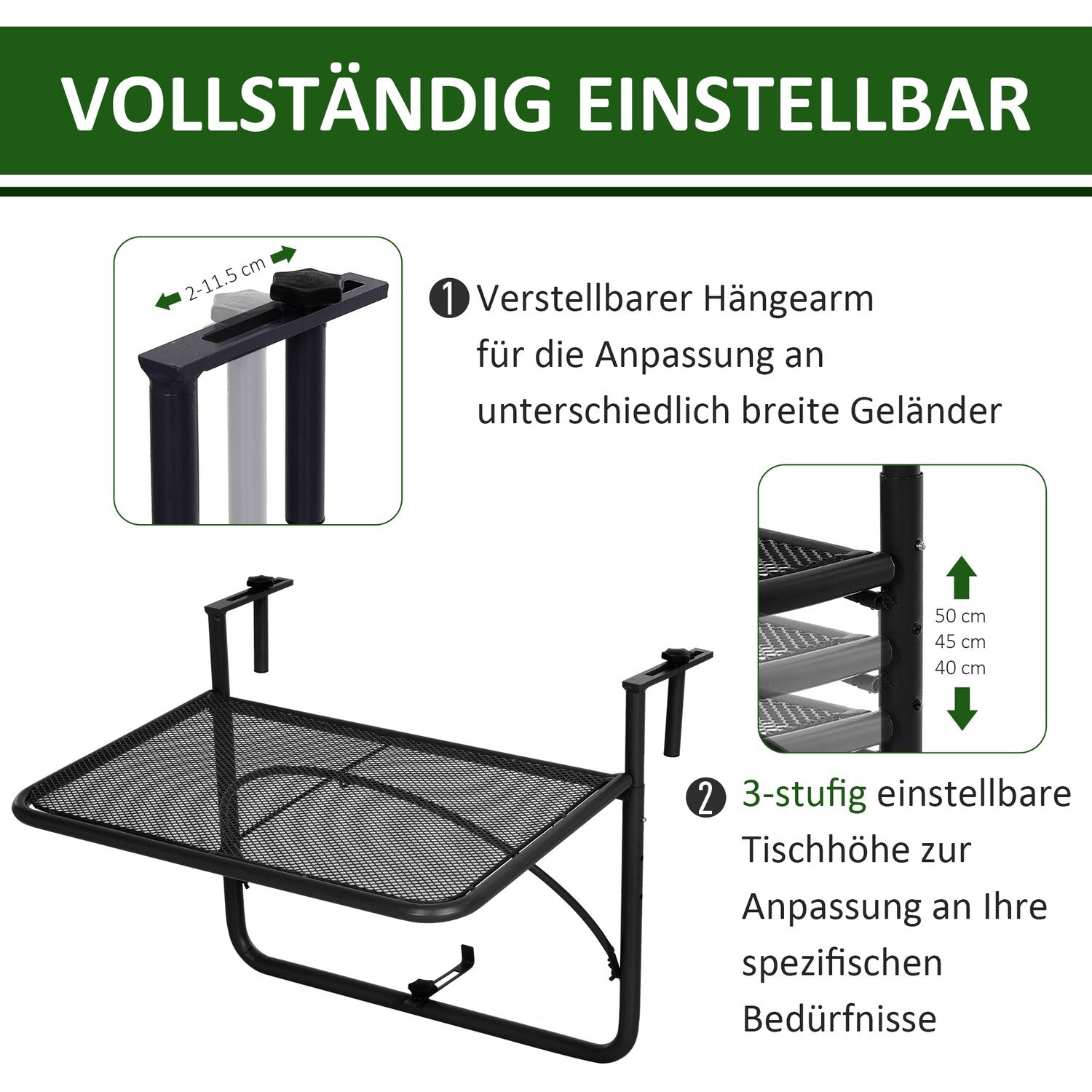 Balkong Justerbart fyrkantigt hängbord i metall, svart, 60x56,5x45cm