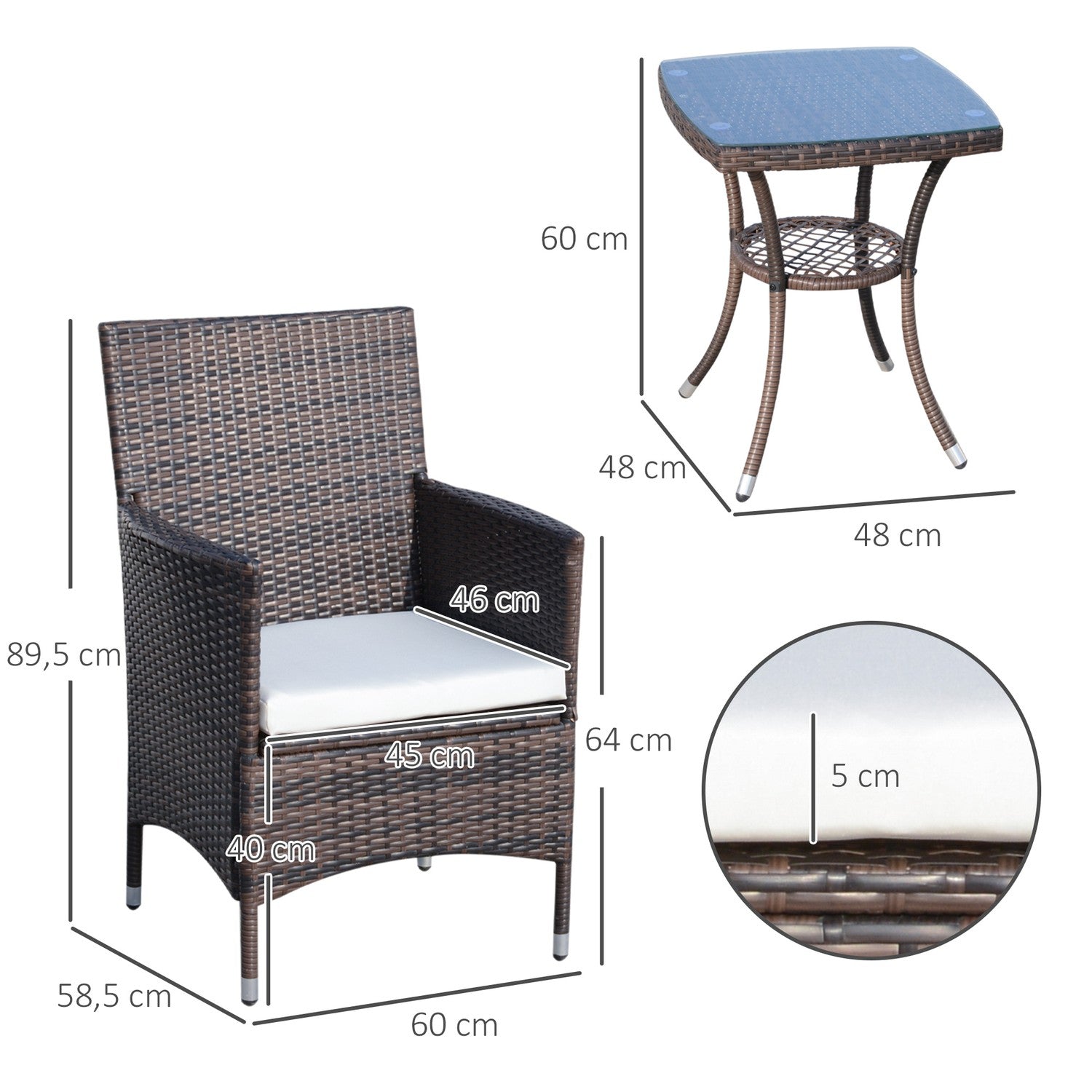 Vikbar rotting bistroset med kuddar, brun 60x58,5x89,5 cm