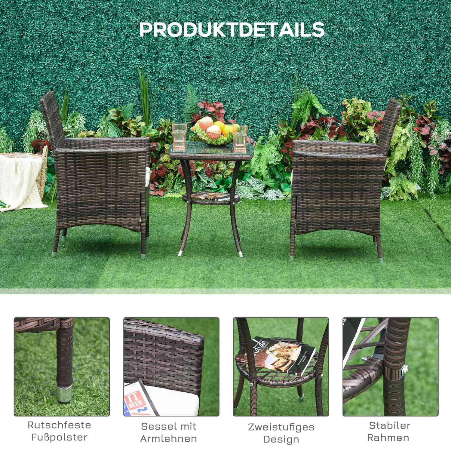 Vikbar rotting bistroset med kuddar, brun 60x58,5x89,5 cm